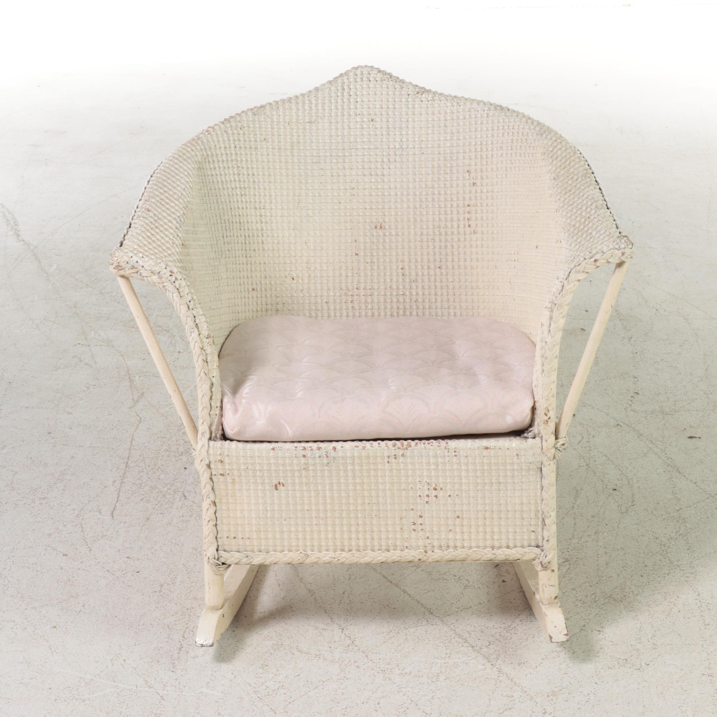 White-Painted Wicker and Hardwood Child's Rocker, Early 20th Century