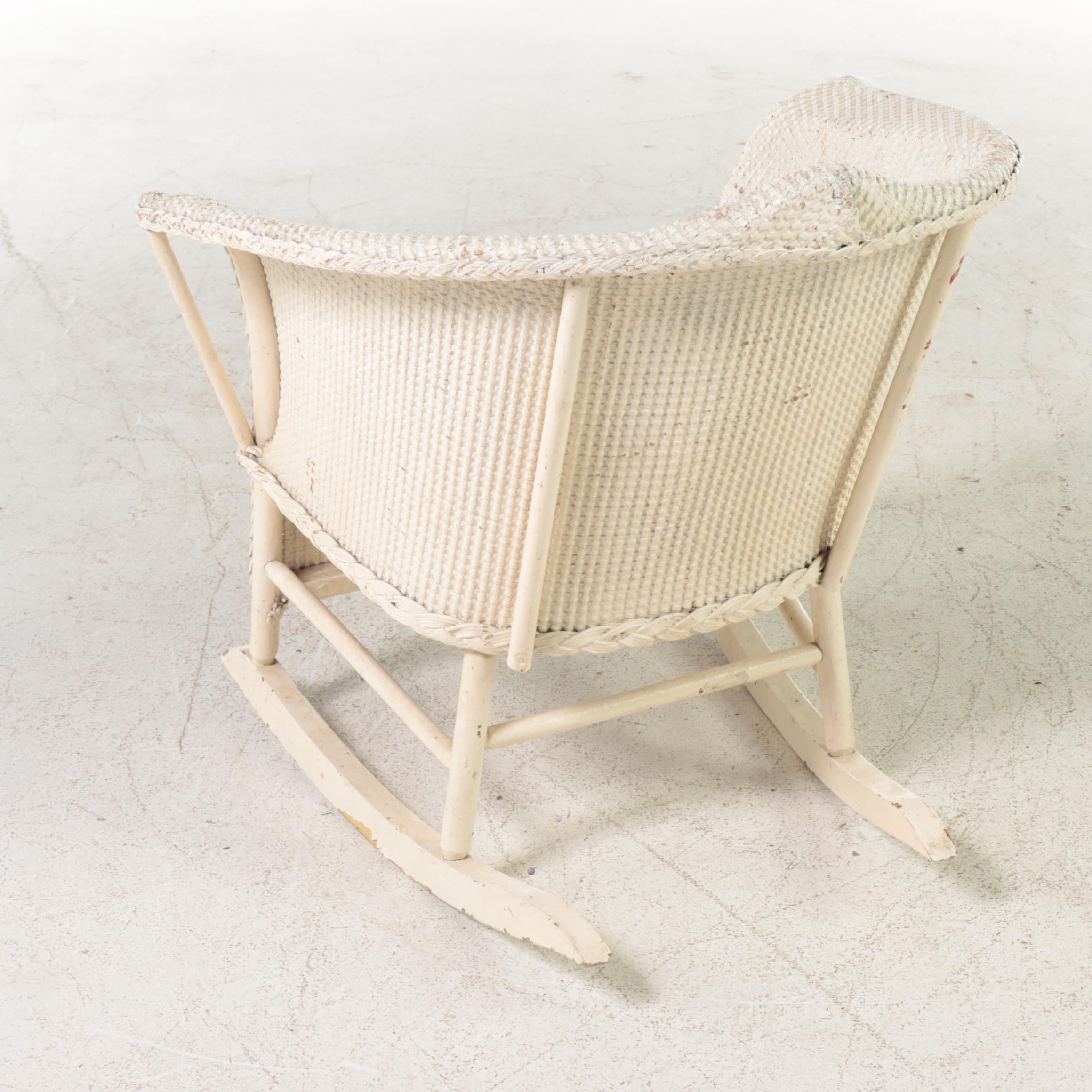 White-Painted Wicker and Hardwood Child's Rocker, Early 20th Century