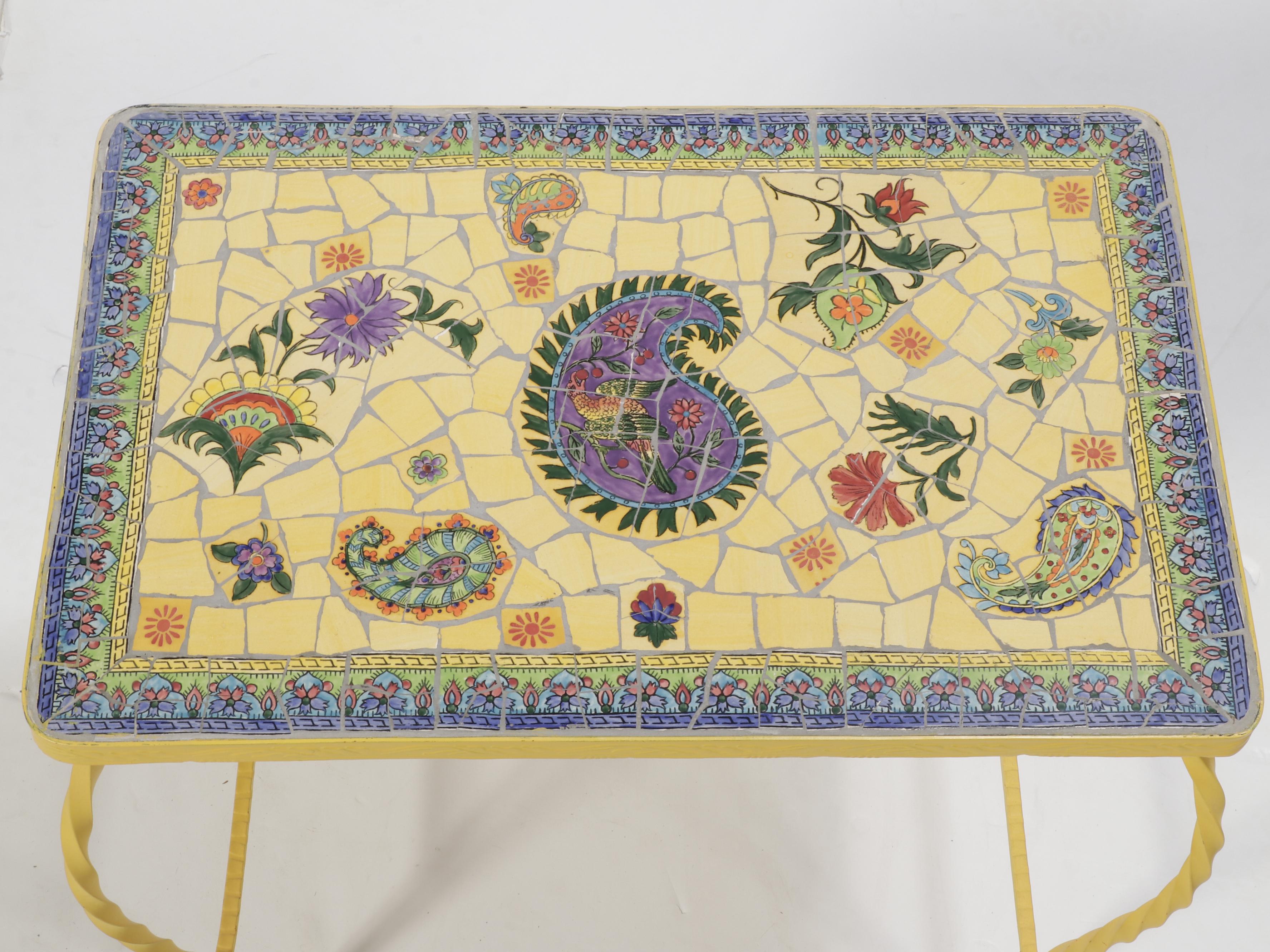 Yellow-Painted Metal Side Table with Mosaic Tile Top