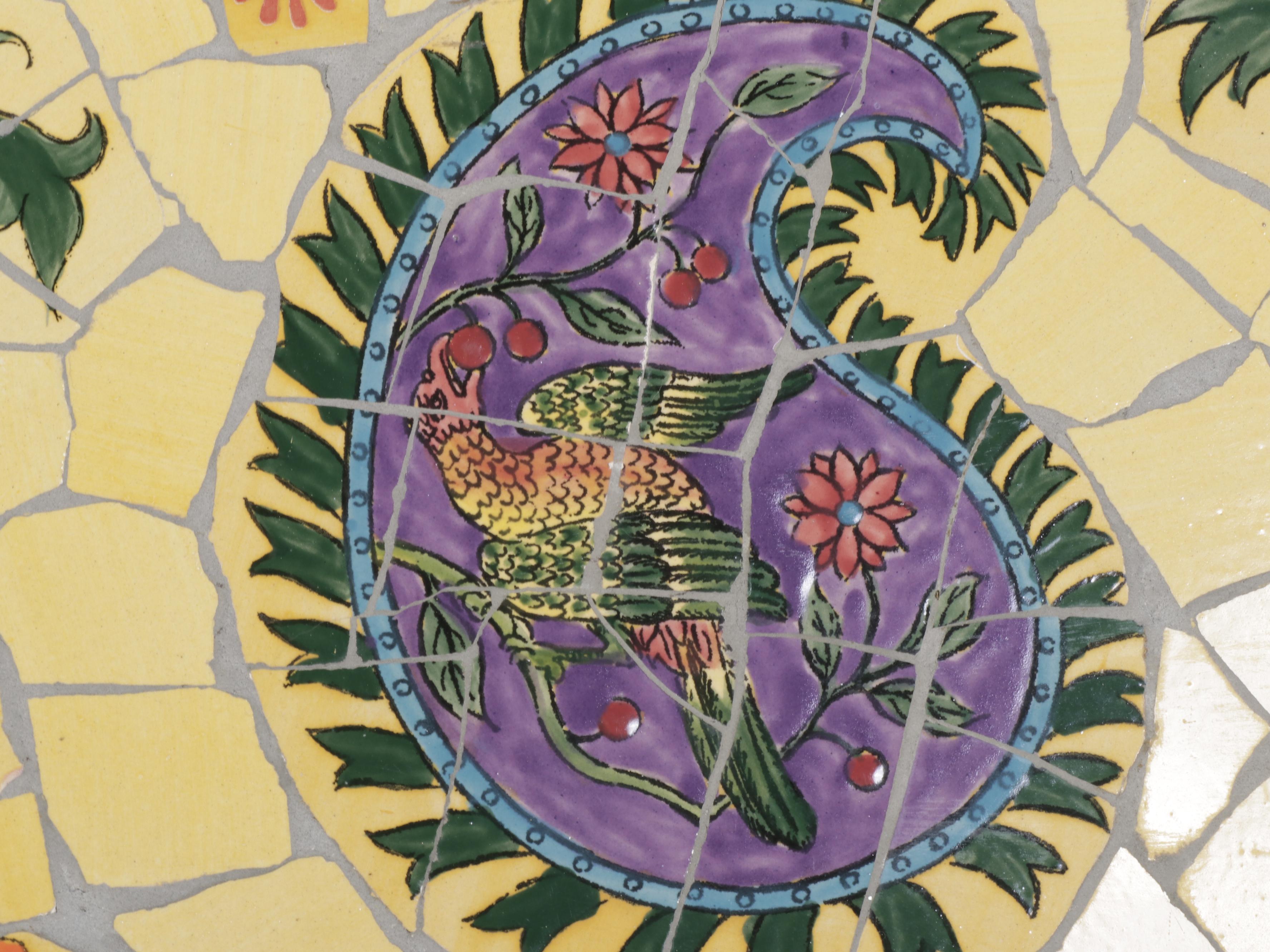 Yellow-Painted Metal Side Table with Mosaic Tile Top