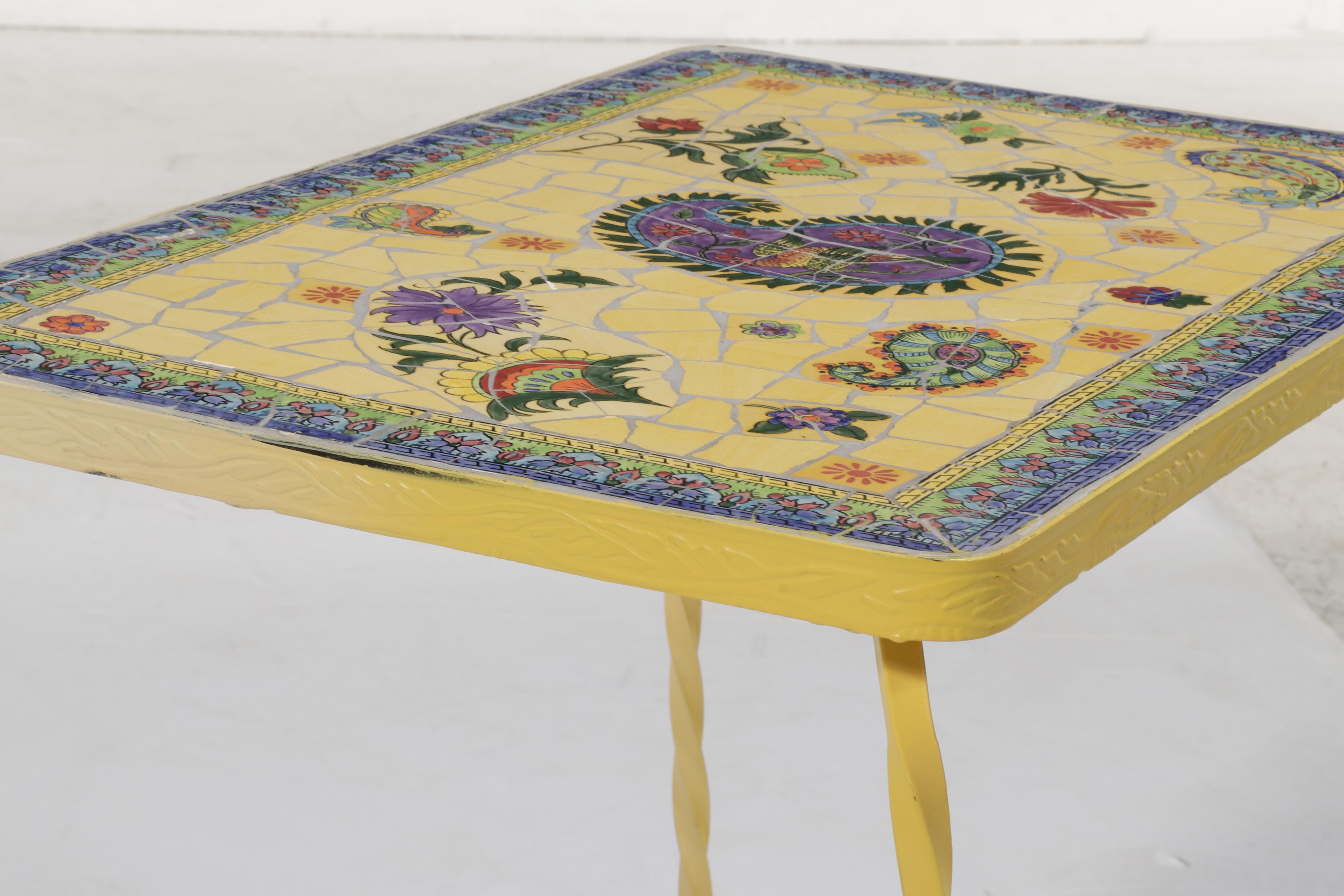 Yellow-Painted Metal Side Table with Mosaic Tile Top
