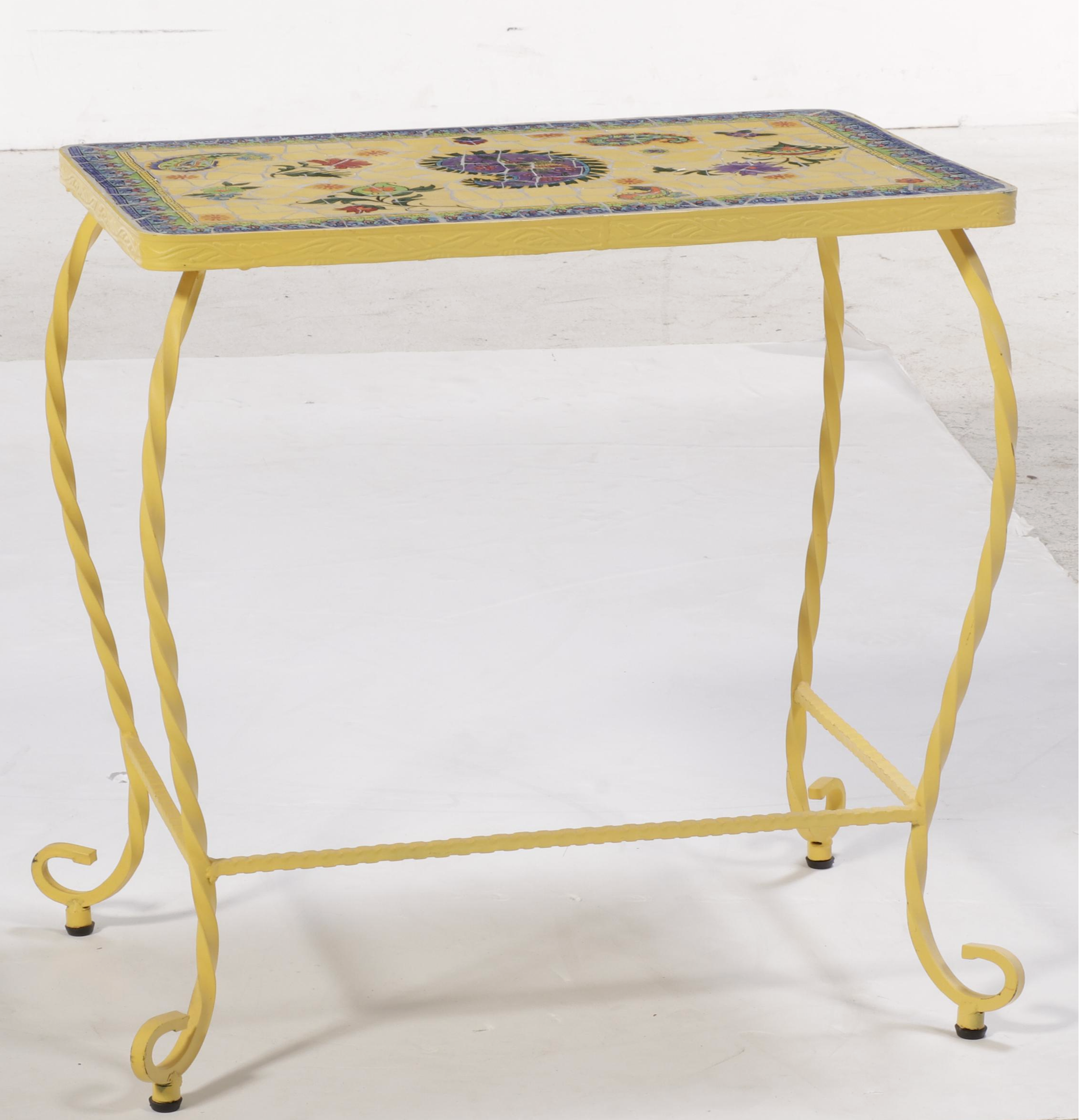 Yellow-Painted Metal Side Table with Mosaic Tile Top