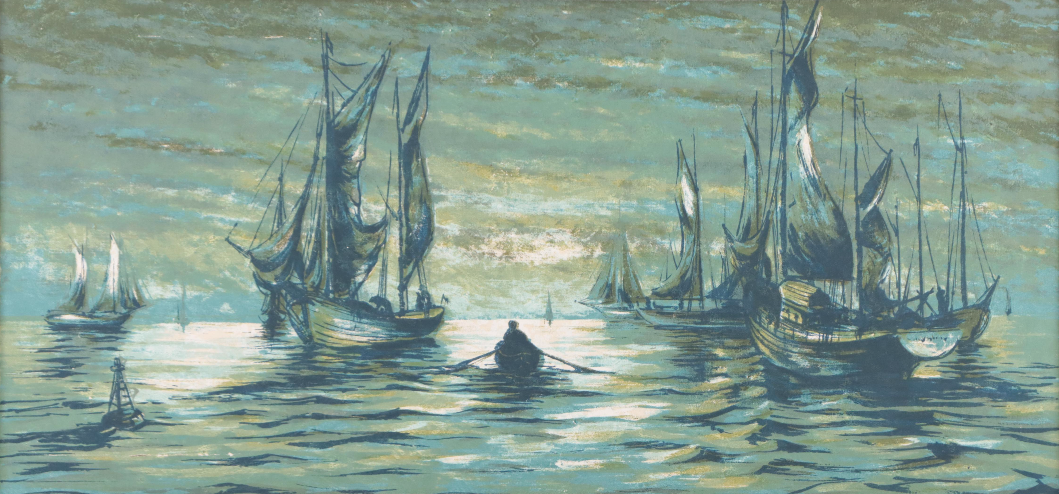 Harbor Scene Serigraph on Canvas, Mid-20th Century