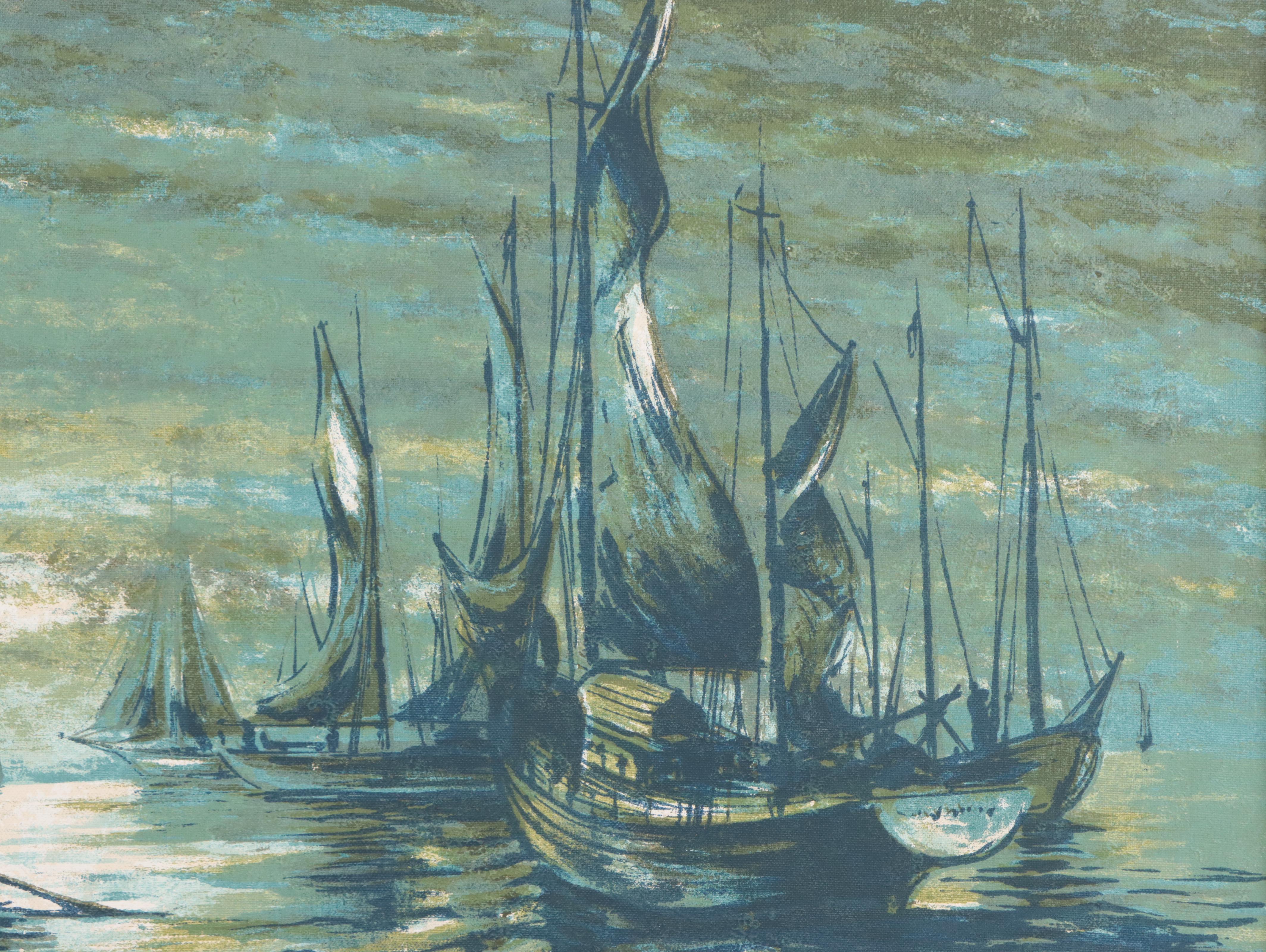 Harbor Scene Serigraph on Canvas, Mid-20th Century