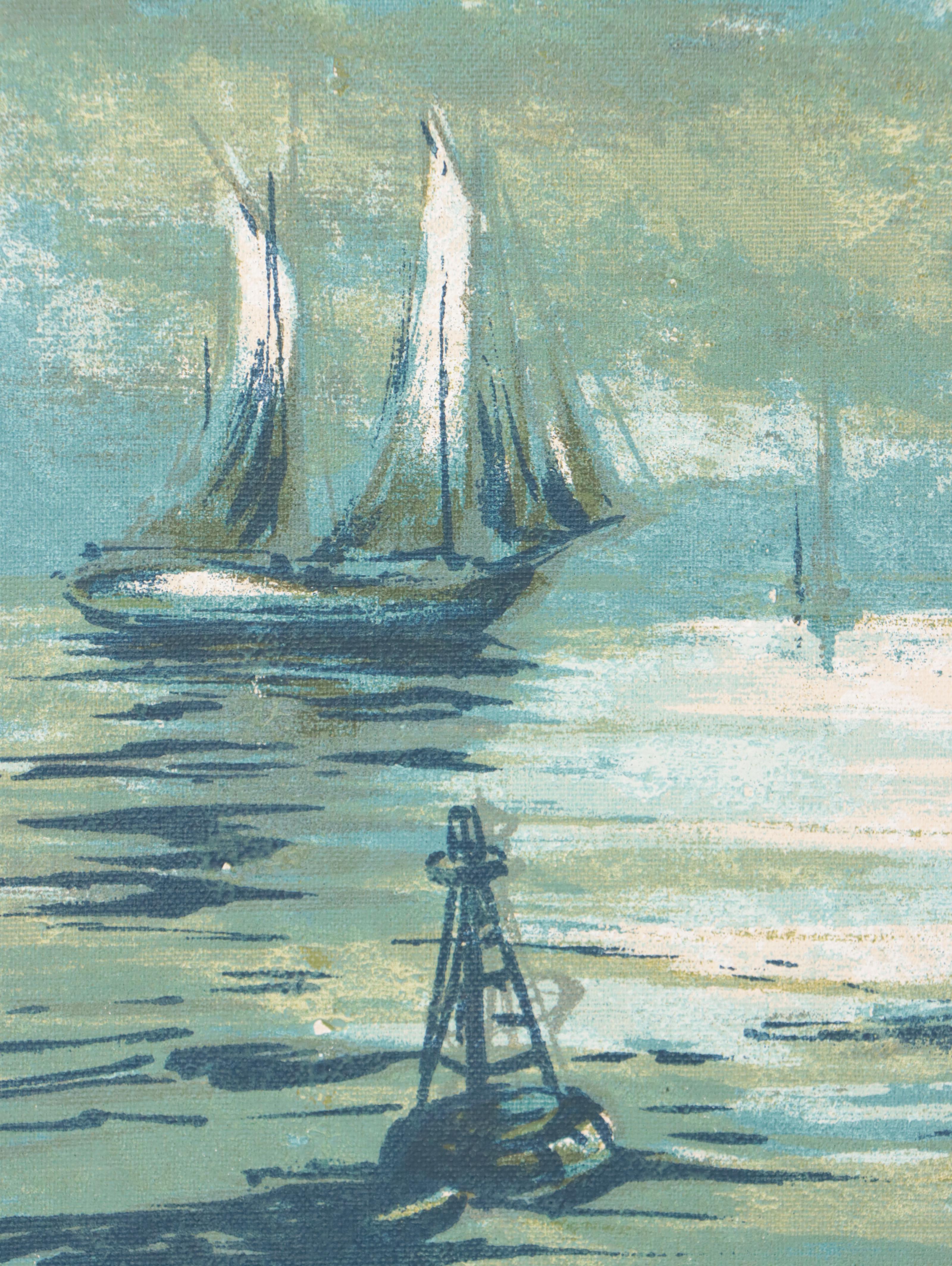Harbor Scene Serigraph on Canvas, Mid-20th Century