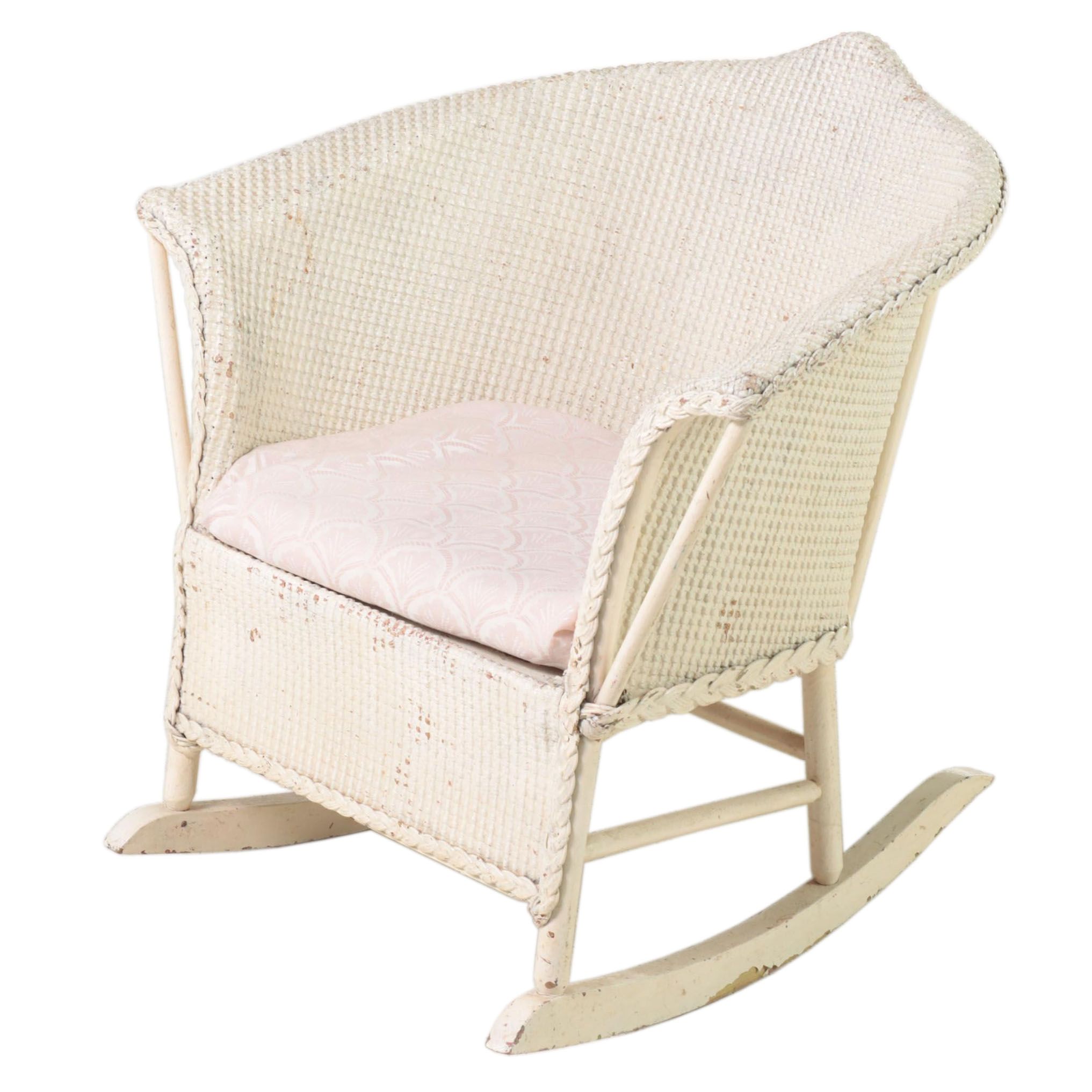 White-Painted Wicker and Hardwood Child's Rocker, Early 20th Century