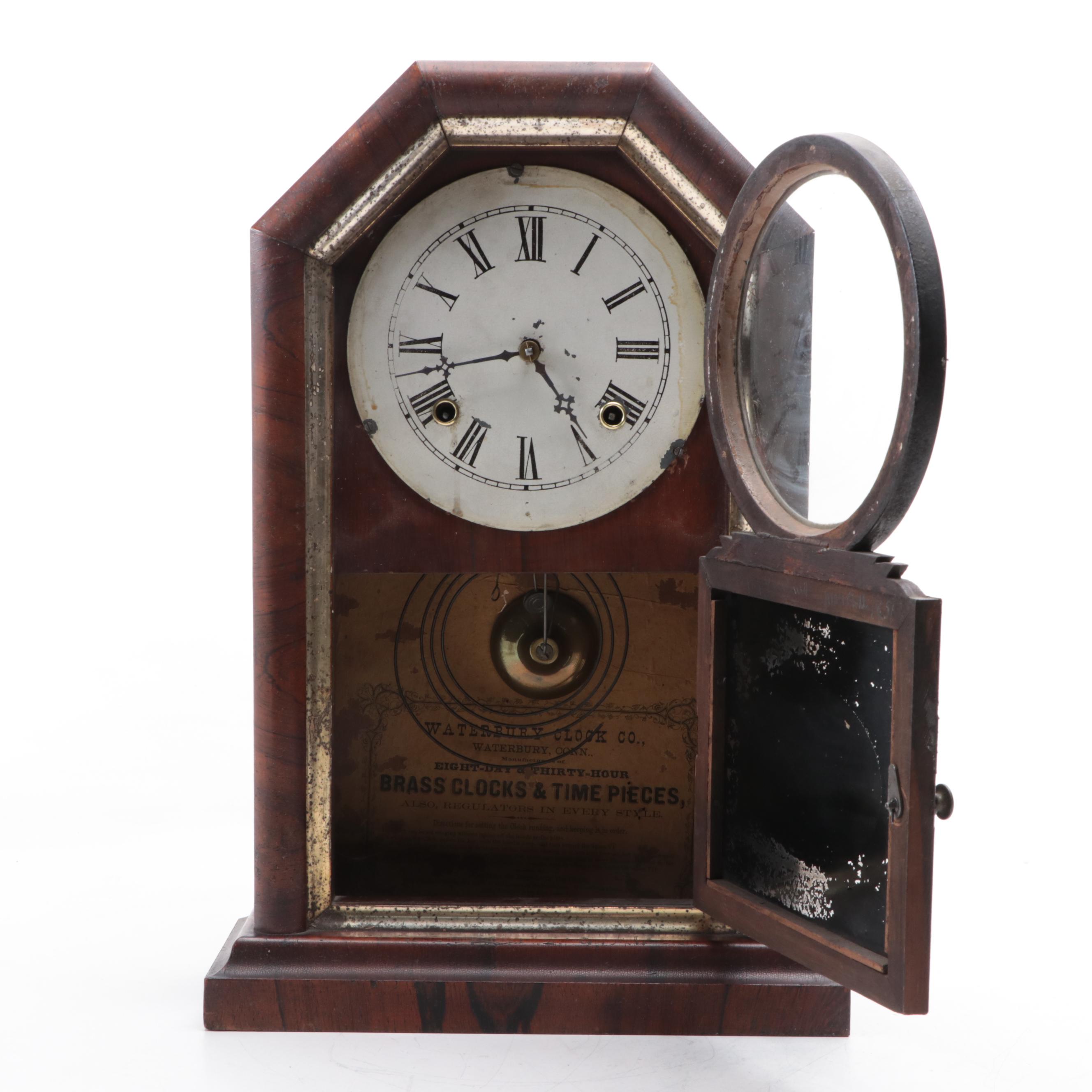 Waterbury Clock Company Wooden Reverse Painted Mantel Clock, Late 19th Century