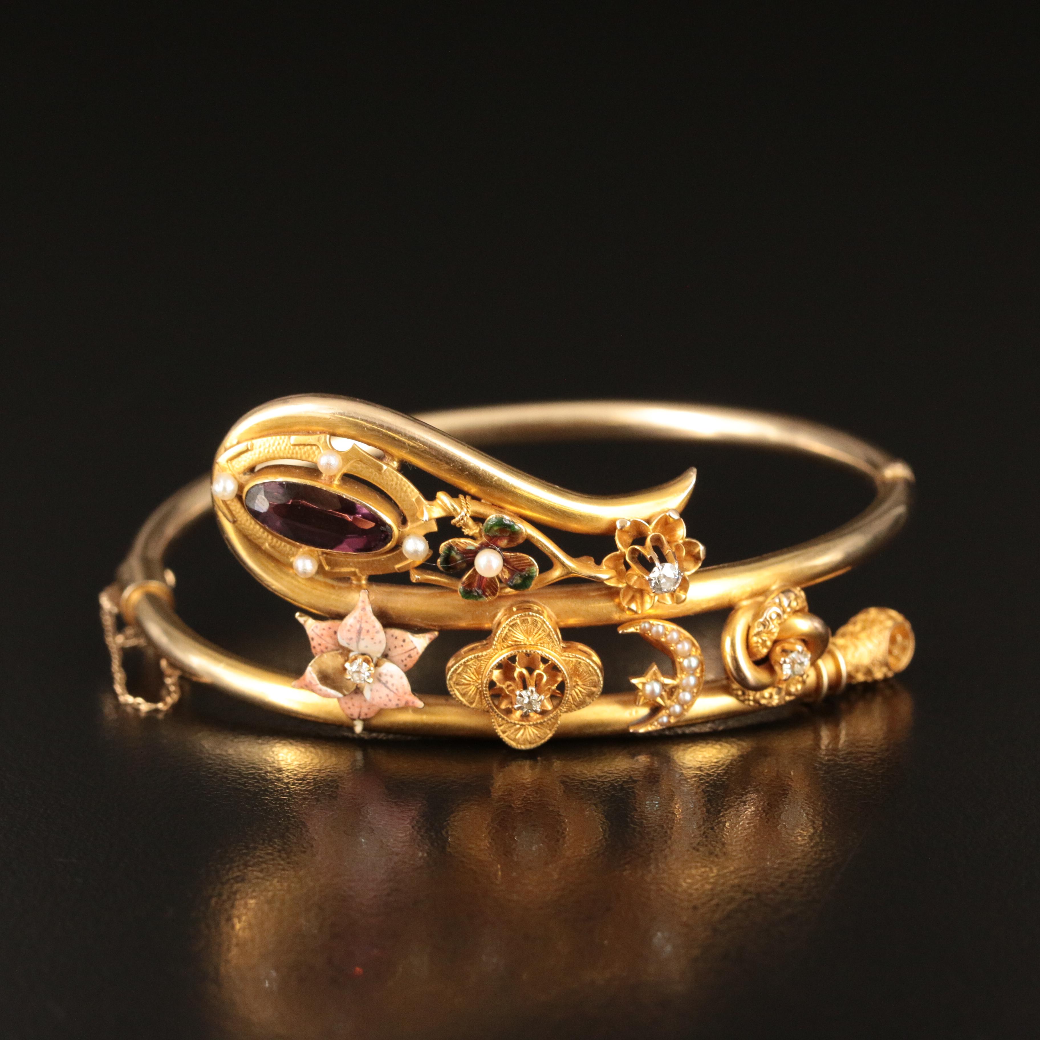 Vintage 14K and 10K Hinged Bangle Including Glass Garnet Doublet and Diamond