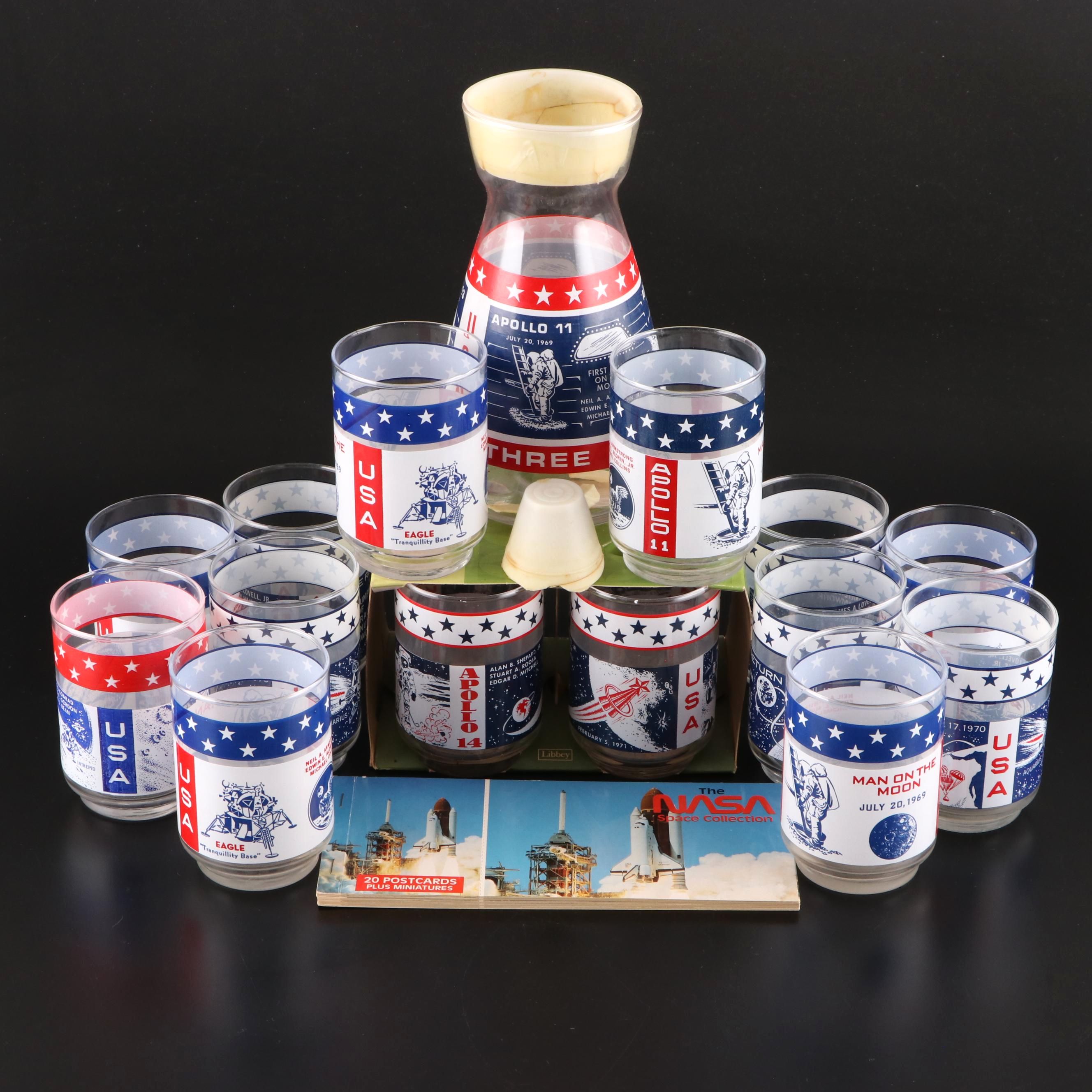 Libbey Apollo 11,13 and 14 Commemorative Glassware with NASA Postcards