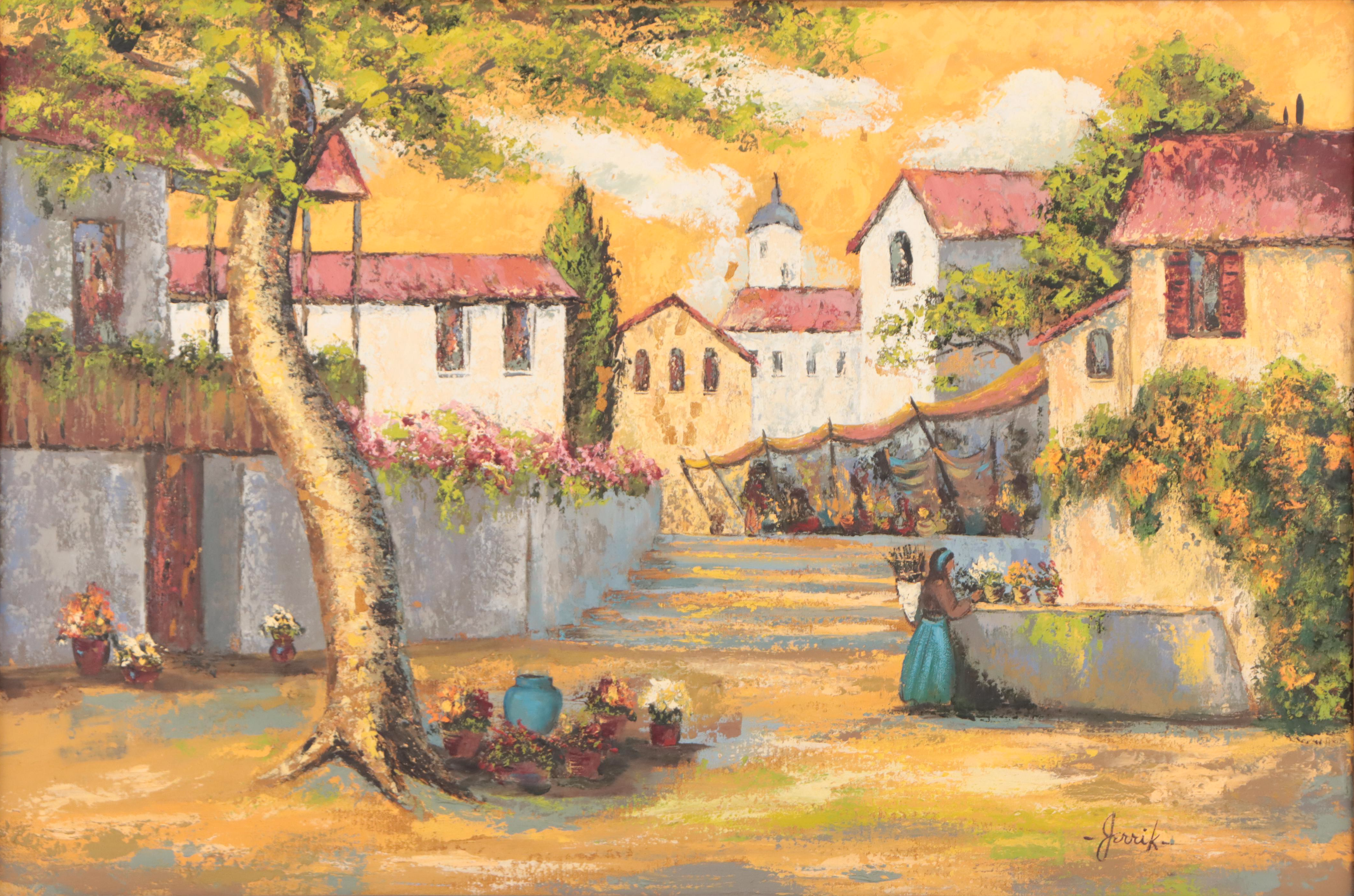 Oil Painting of Figure in Village Scene