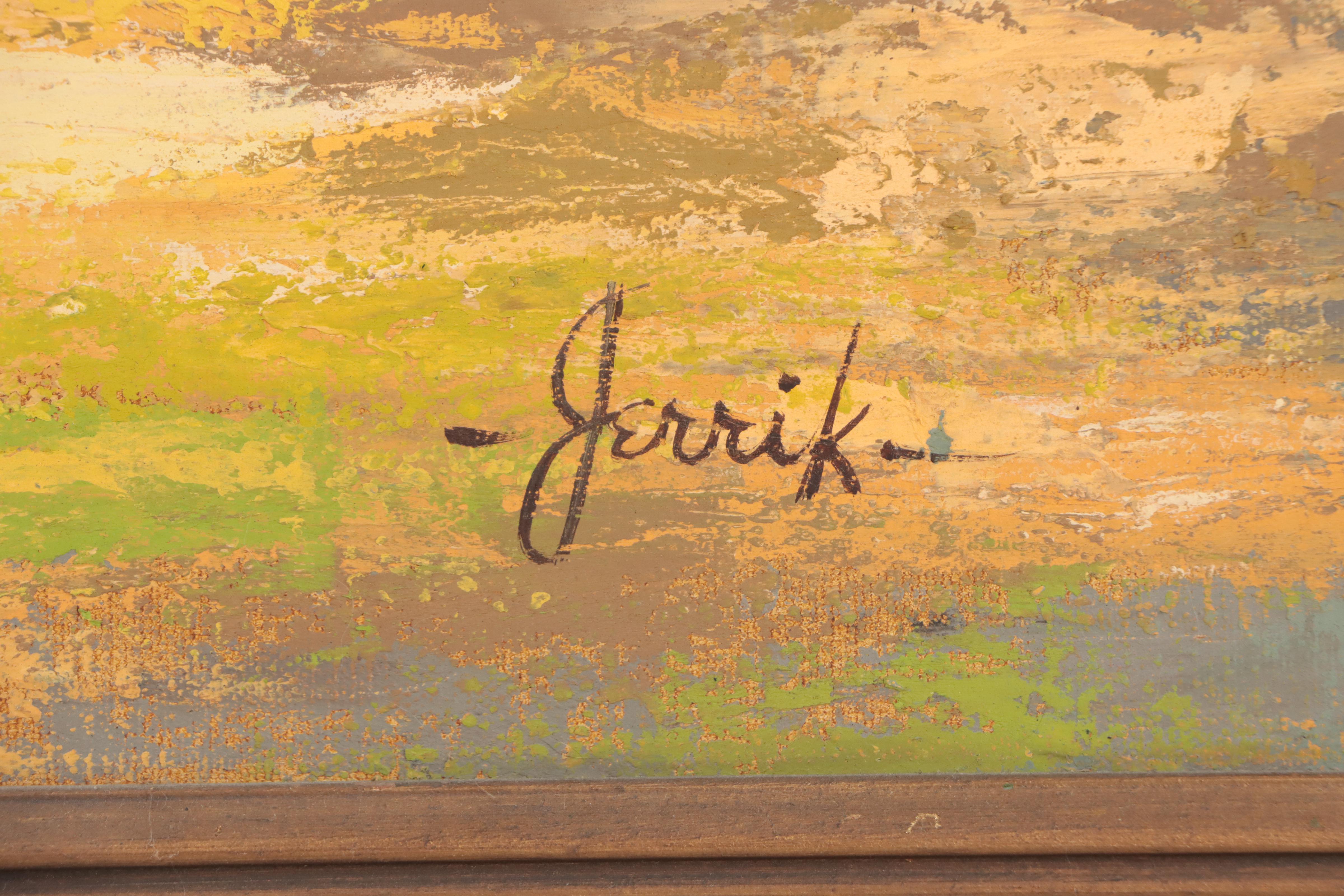 Oil Painting of Figure in Village Scene