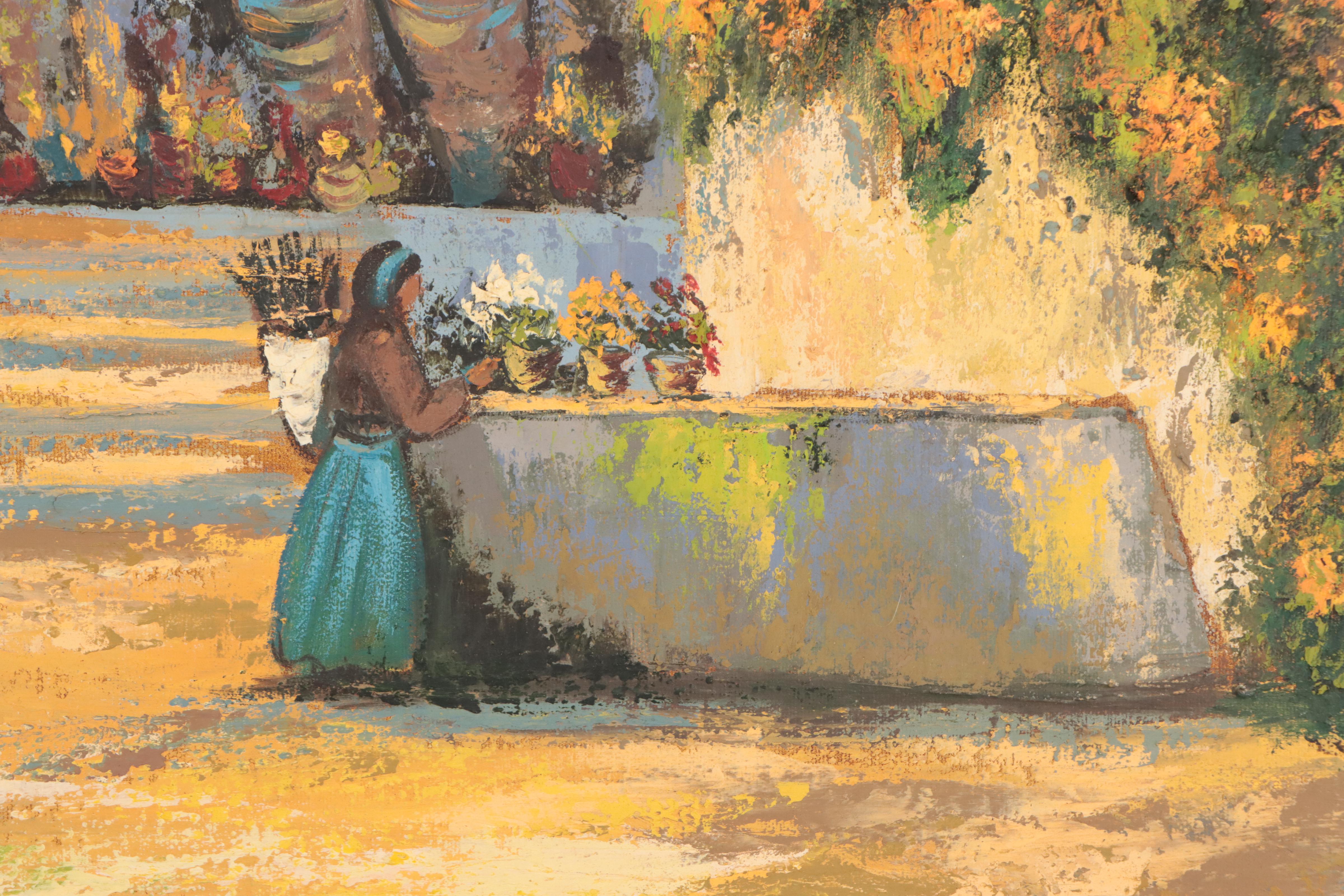 Oil Painting of Figure in Village Scene