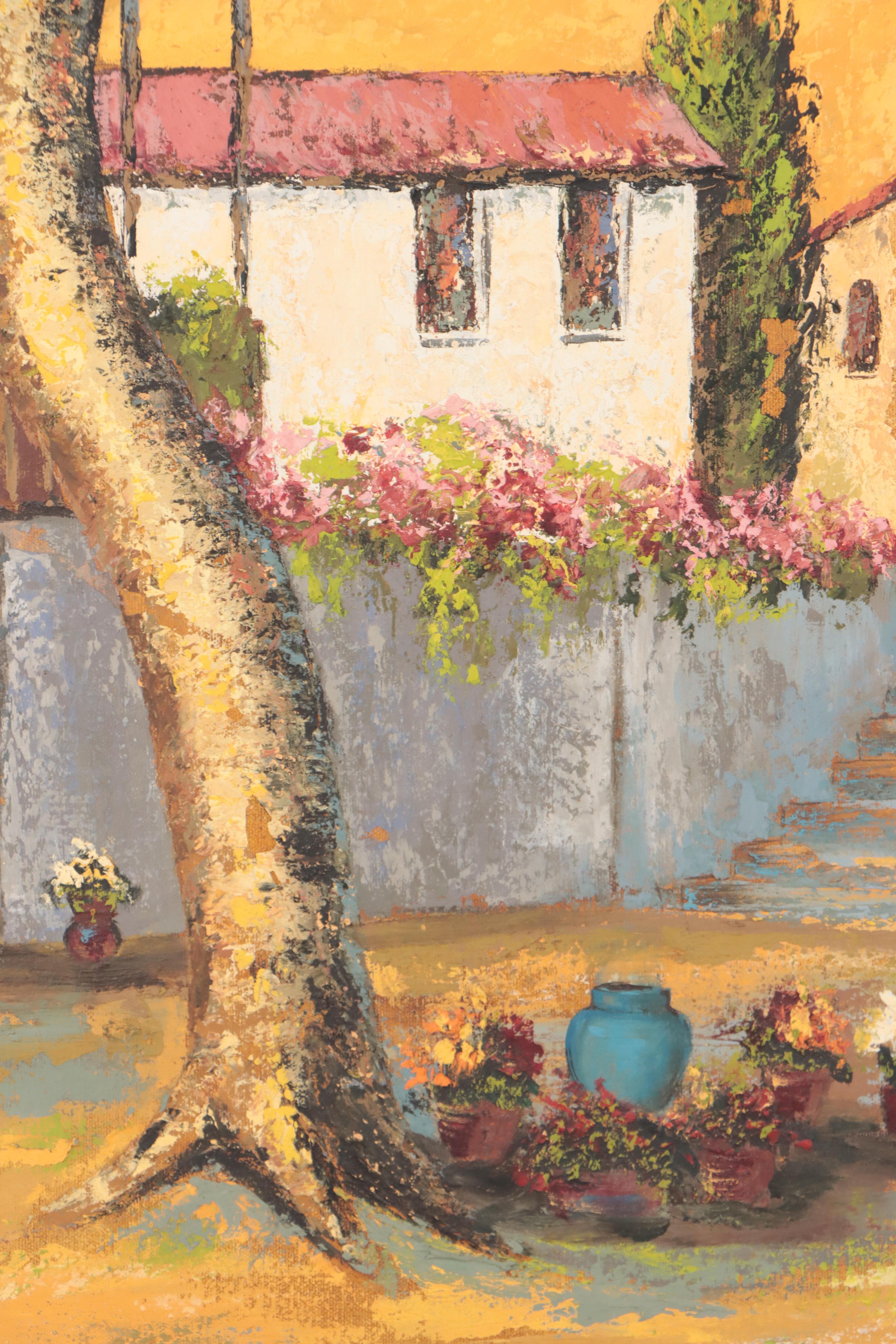 Oil Painting of Figure in Village Scene