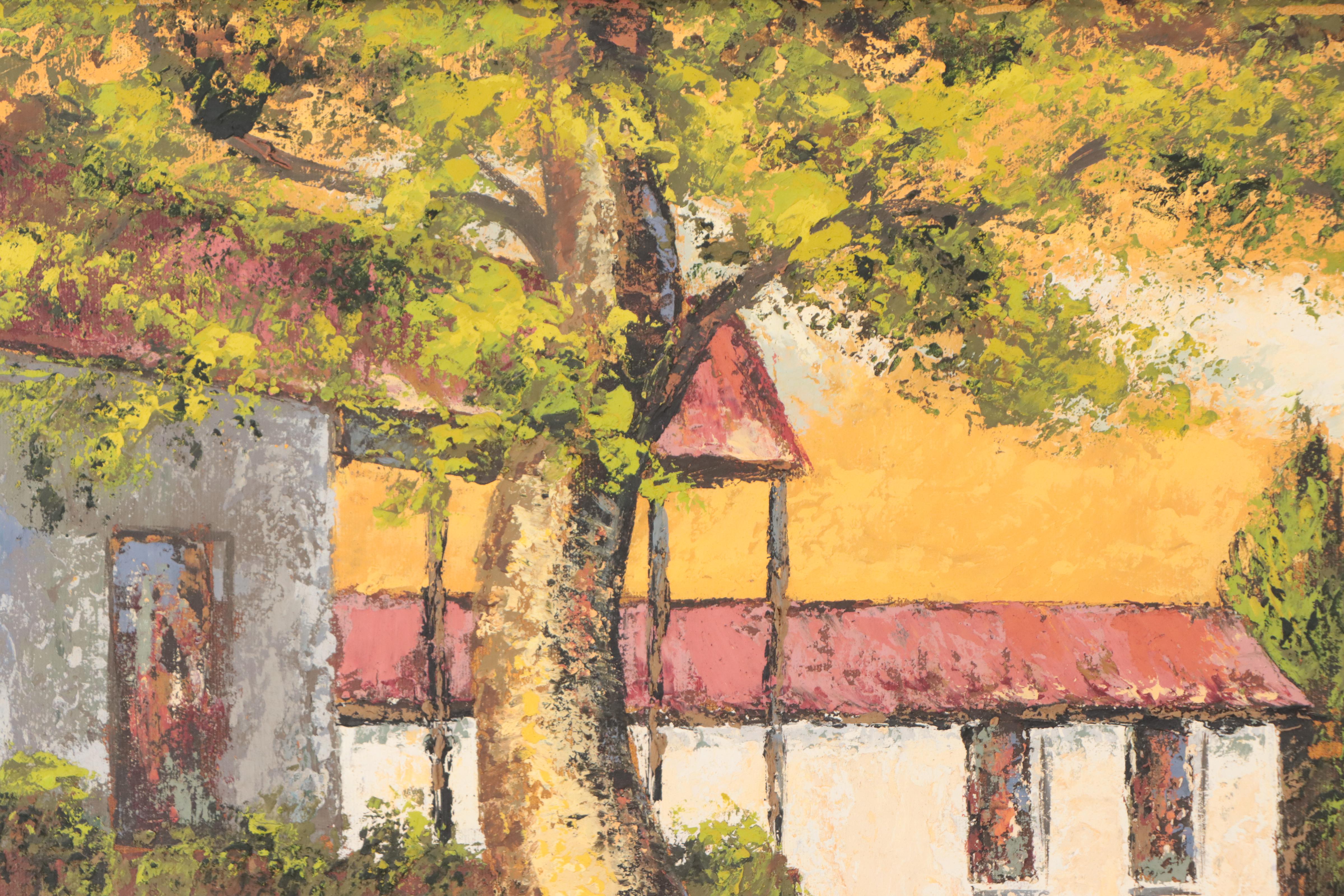 Oil Painting of Figure in Village Scene