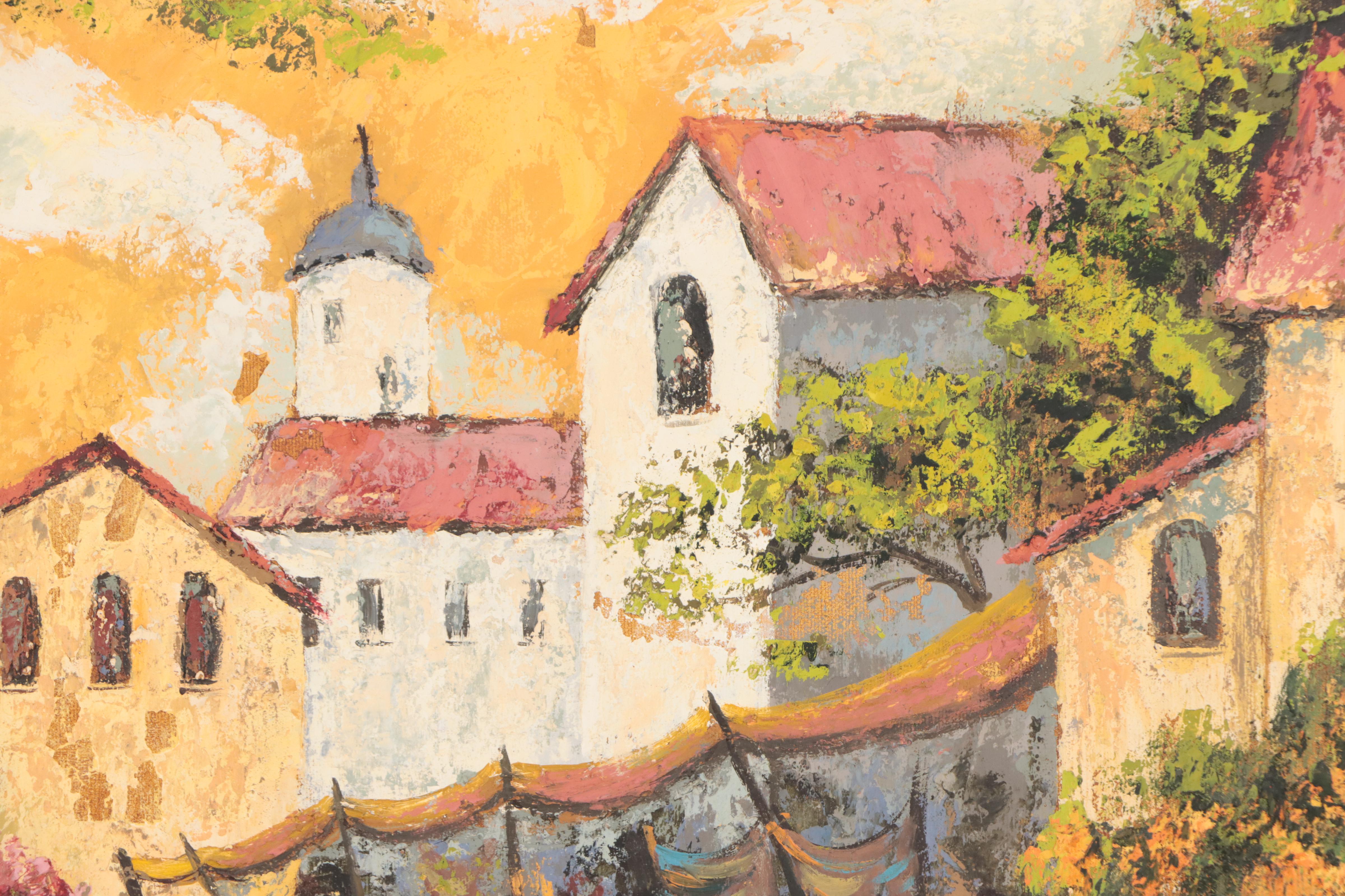 Oil Painting of Figure in Village Scene