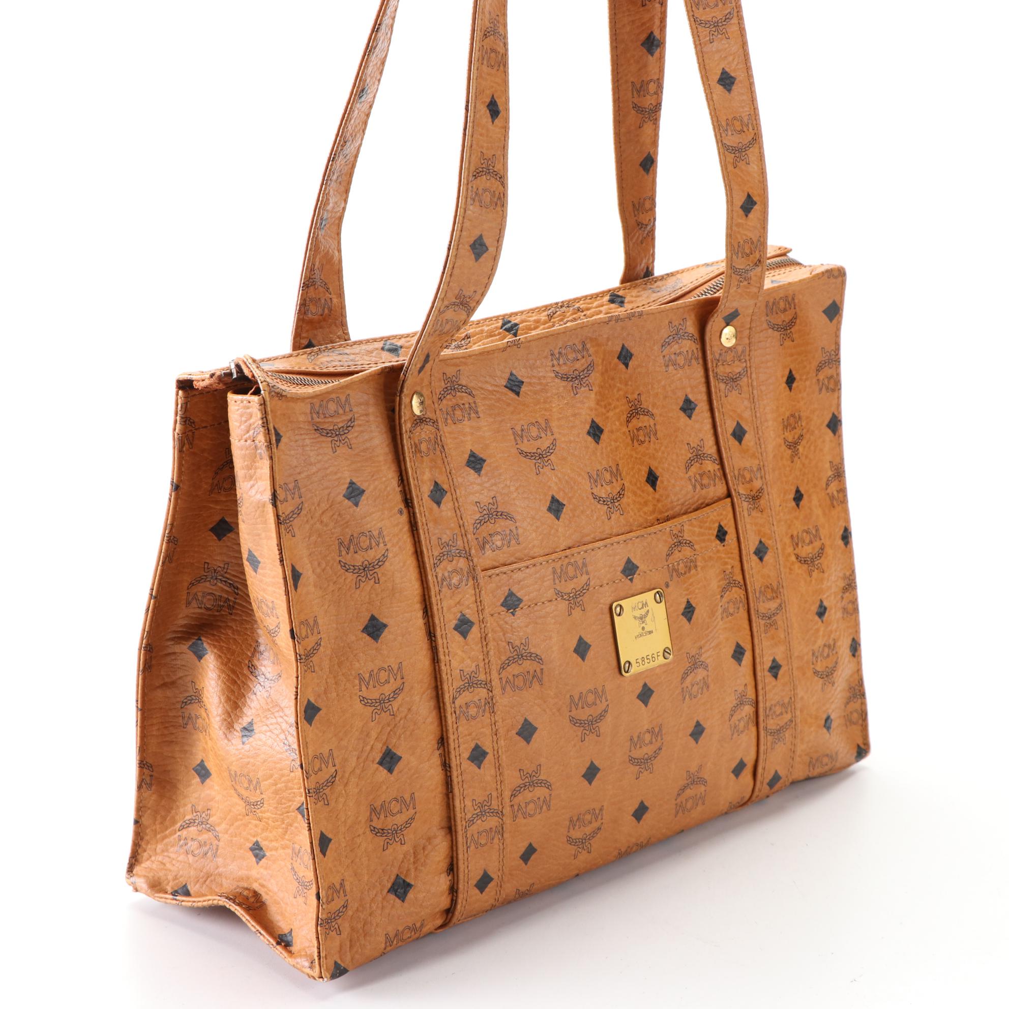 MCM Heritage Zippered Shopper Tote Bag in Cognac Visetos Coated Canvas