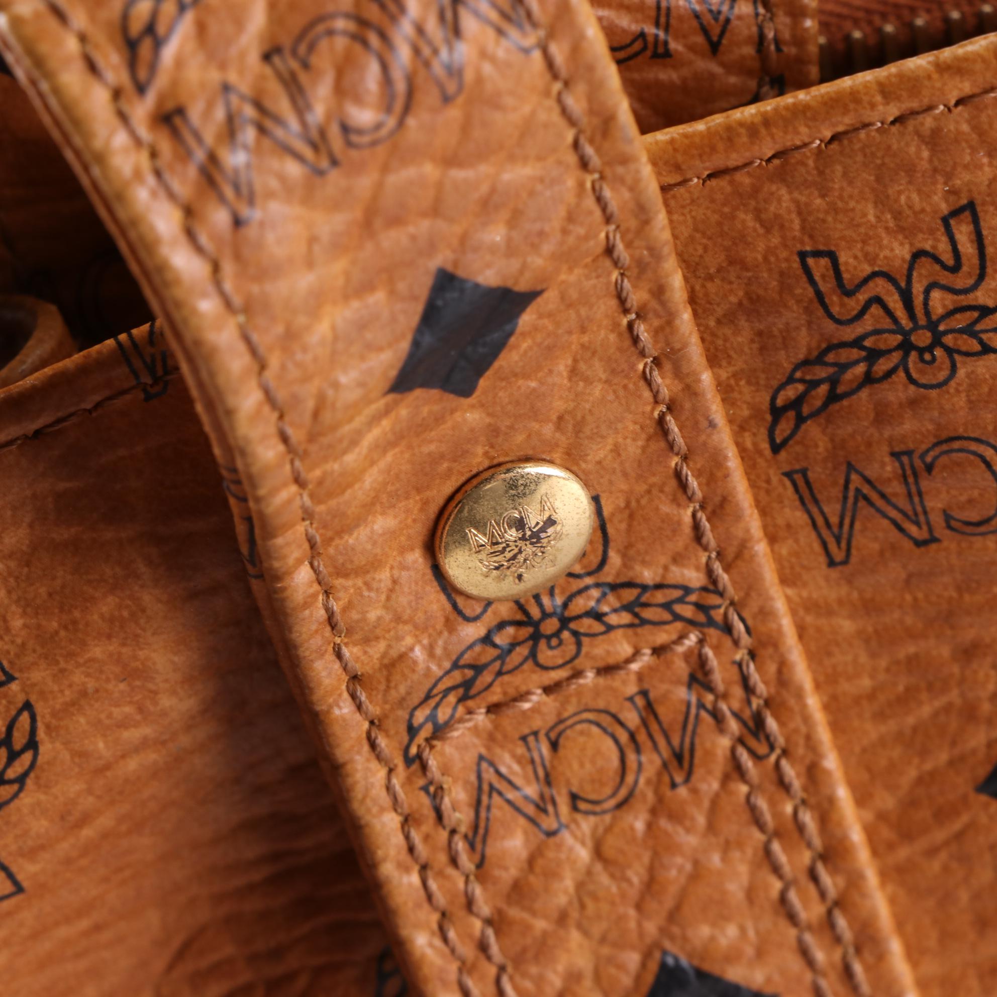 MCM Heritage Zippered Shopper Tote Bag in Cognac Visetos Coated Canvas