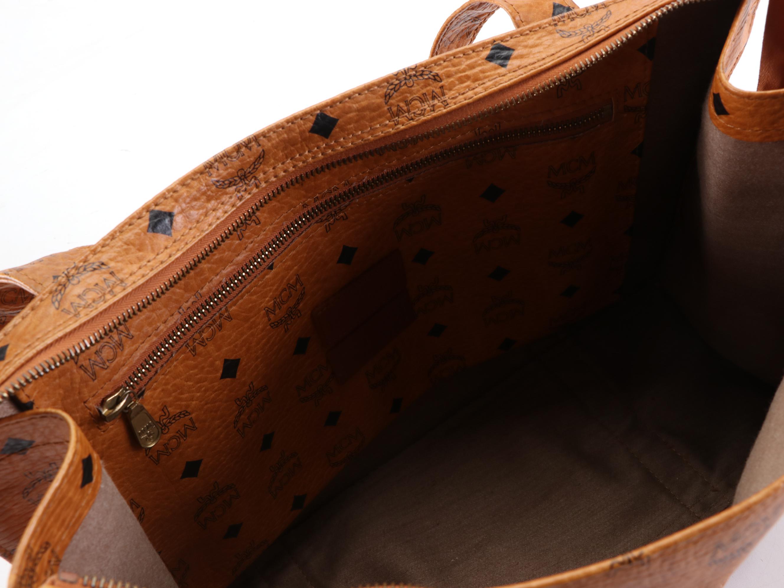 MCM Heritage Zippered Shopper Tote Bag in Cognac Visetos Coated Canvas