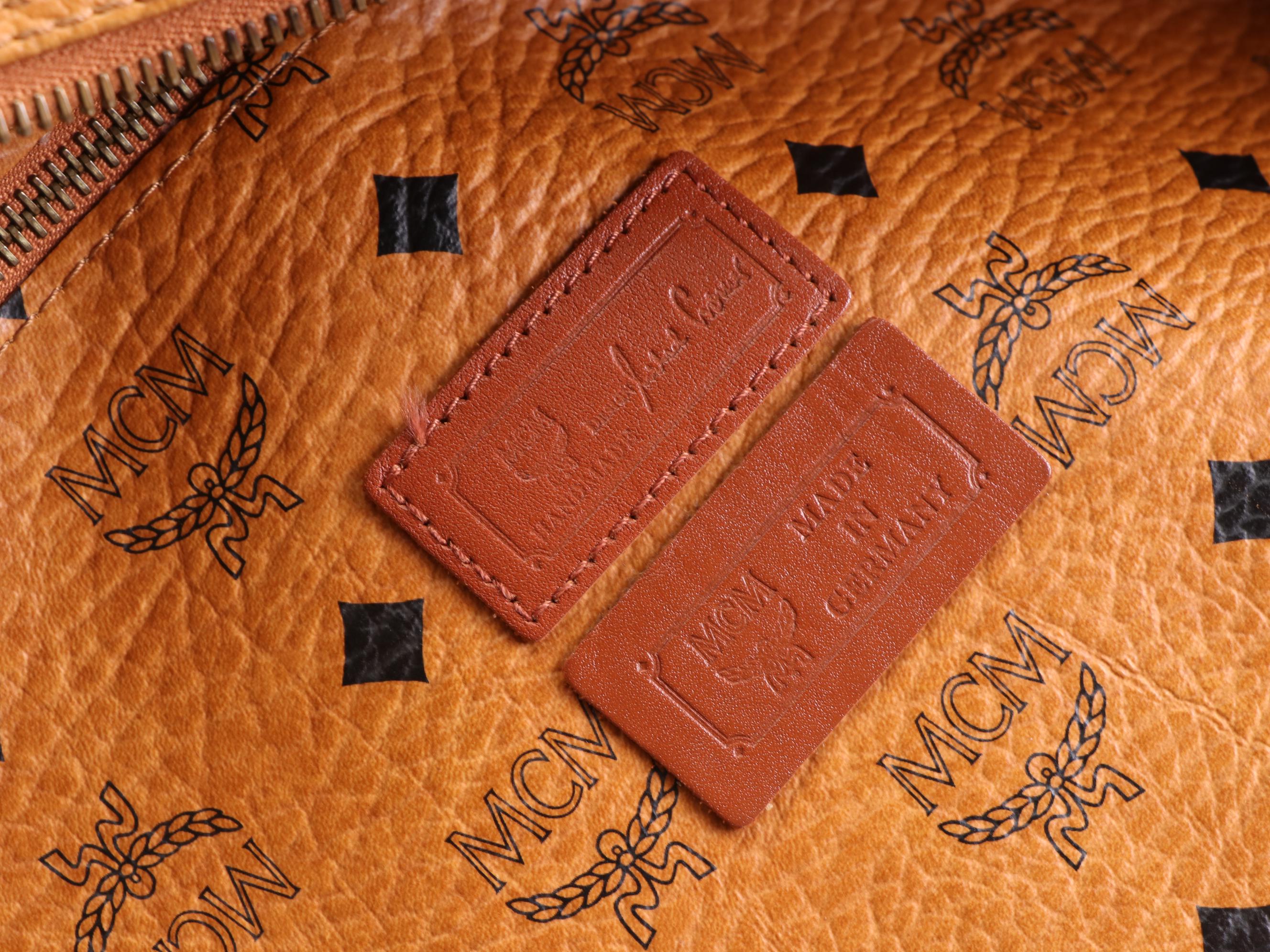 MCM Heritage Zippered Shopper Tote Bag in Cognac Visetos Coated Canvas