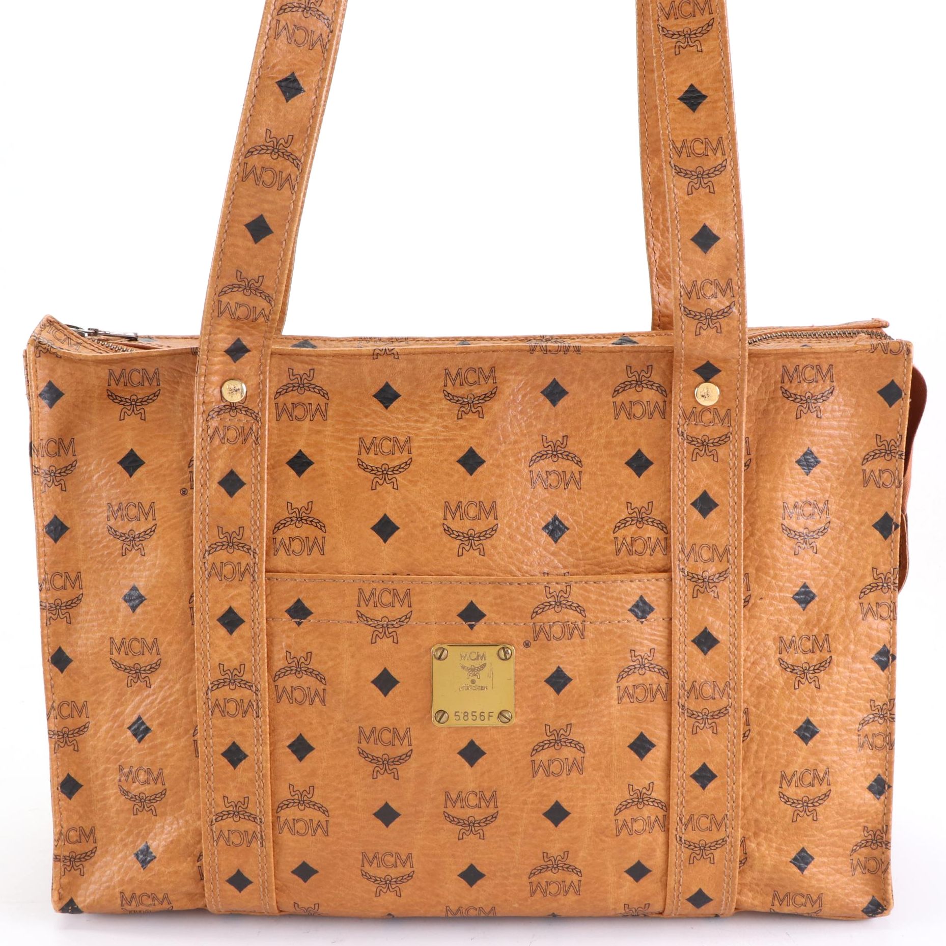 MCM Heritage Zippered Shopper Tote Bag in Cognac Visetos Coated Canvas