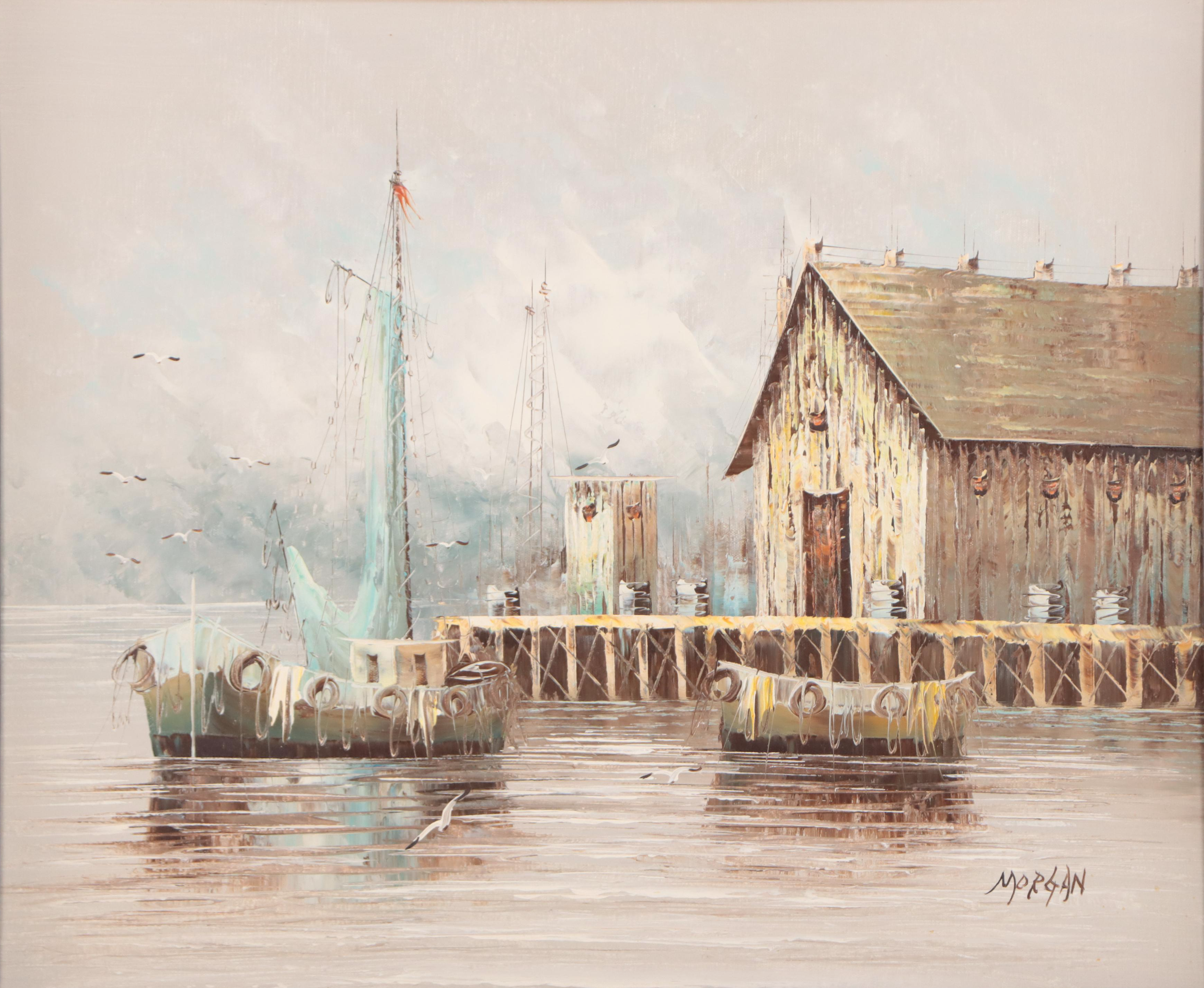 Oil Painting of Boat in Harbor Scene