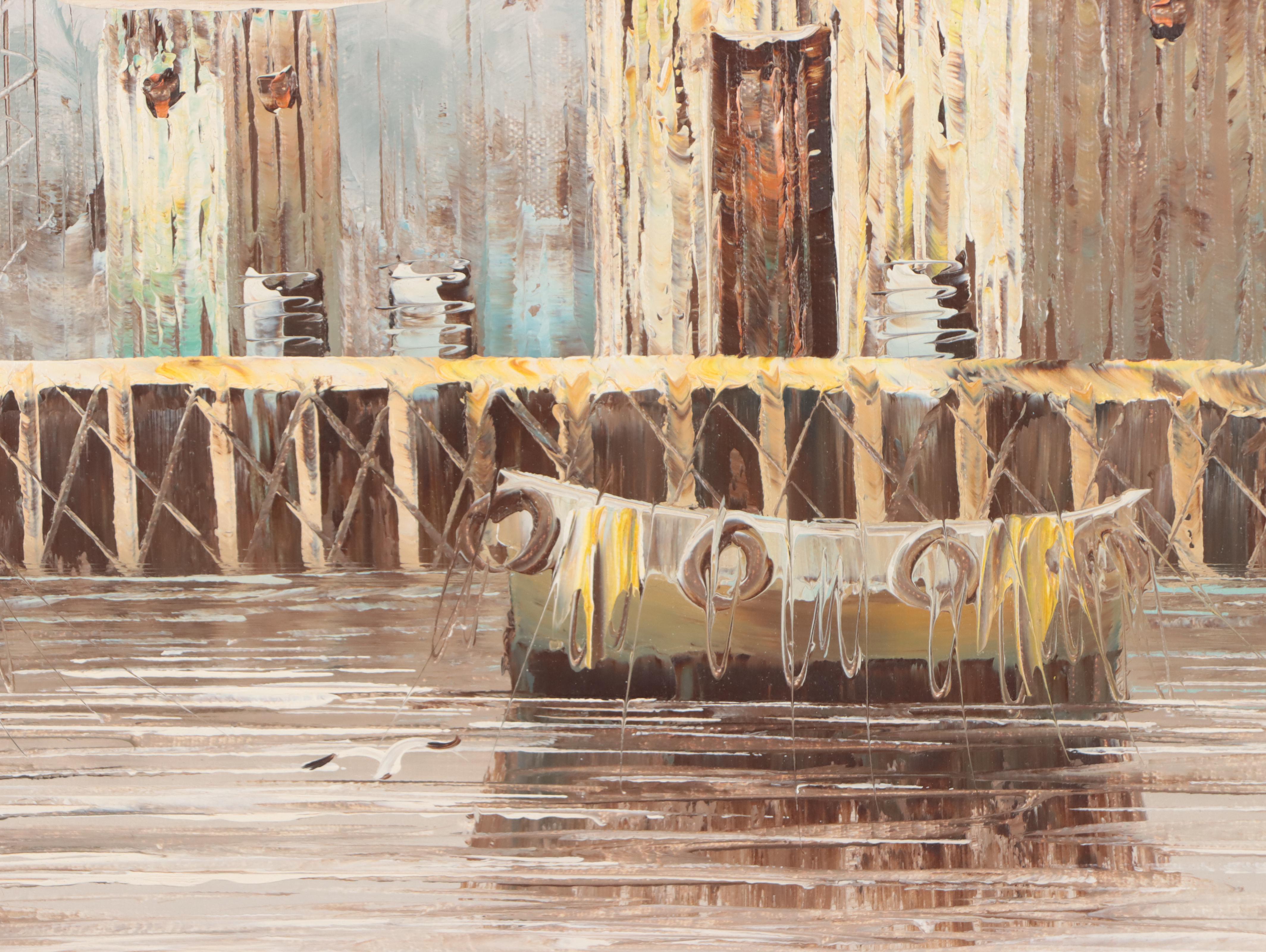 Oil Painting of Boat in Harbor Scene