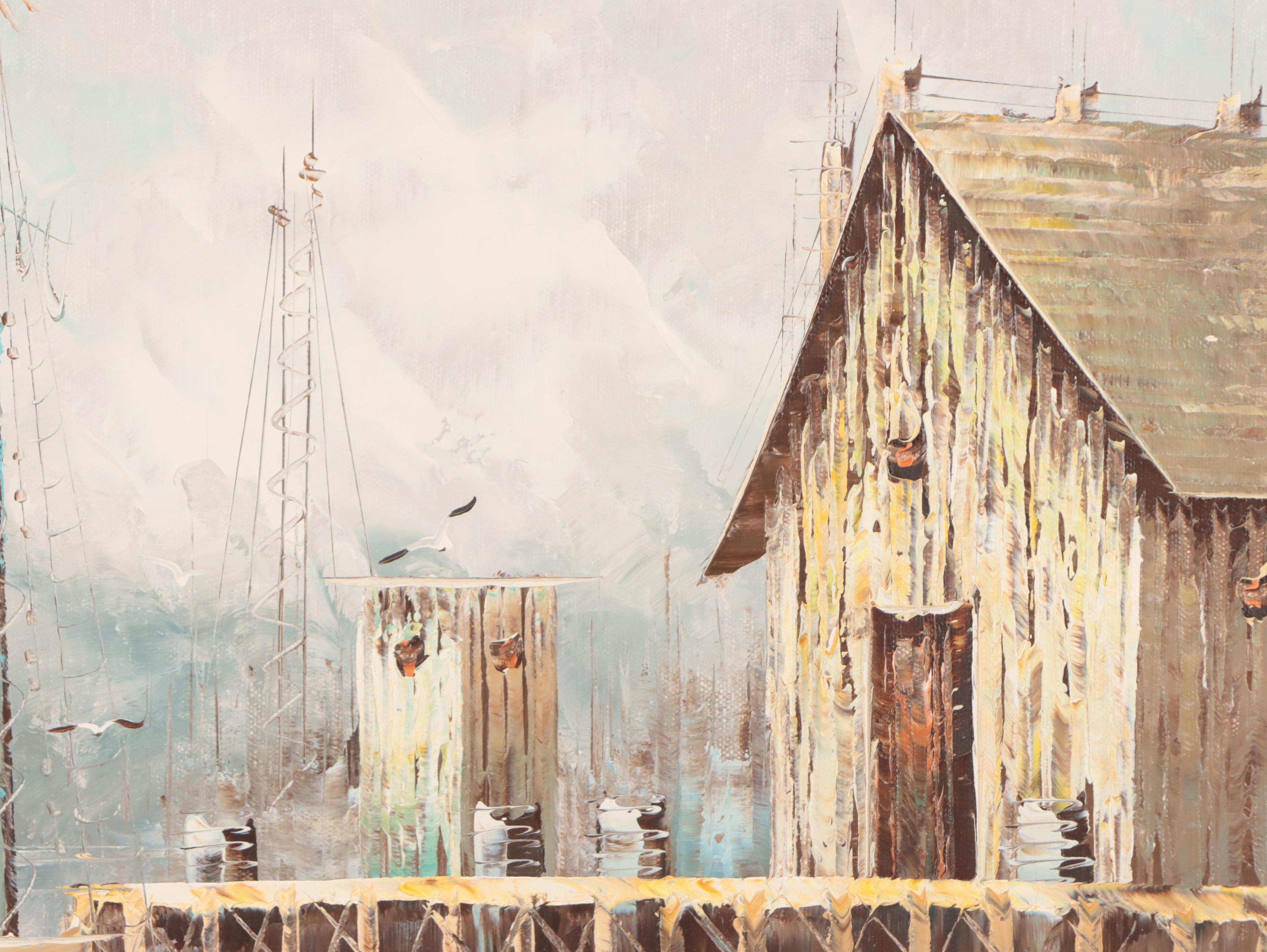 Oil Painting of Boat in Harbor Scene