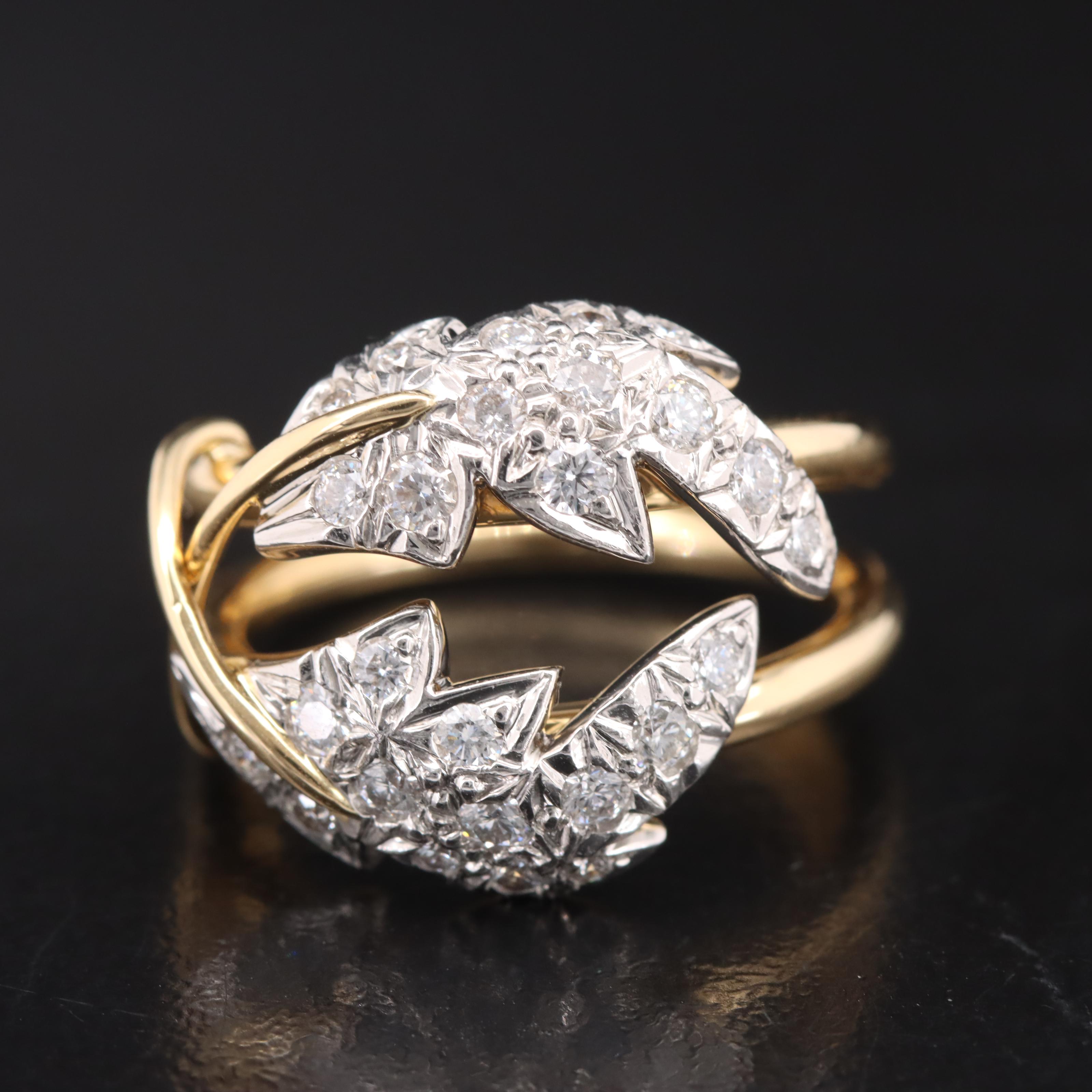 Schlumberger Tiffany & Co "Two Leaves" 18K Platinum and 0.58 CTW Diamond Ring