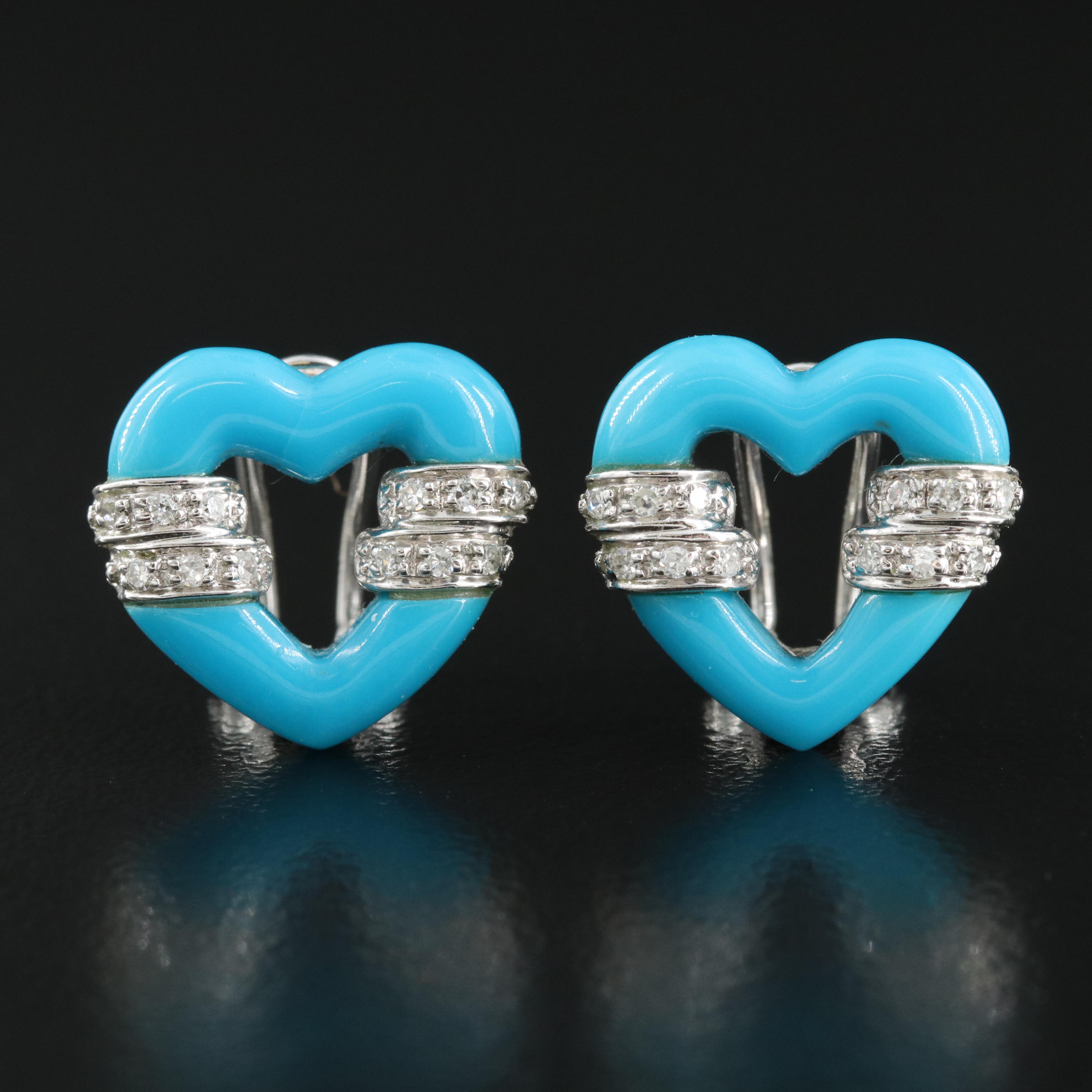 14K Imitation Turquoise and Diamond Heart Earrings