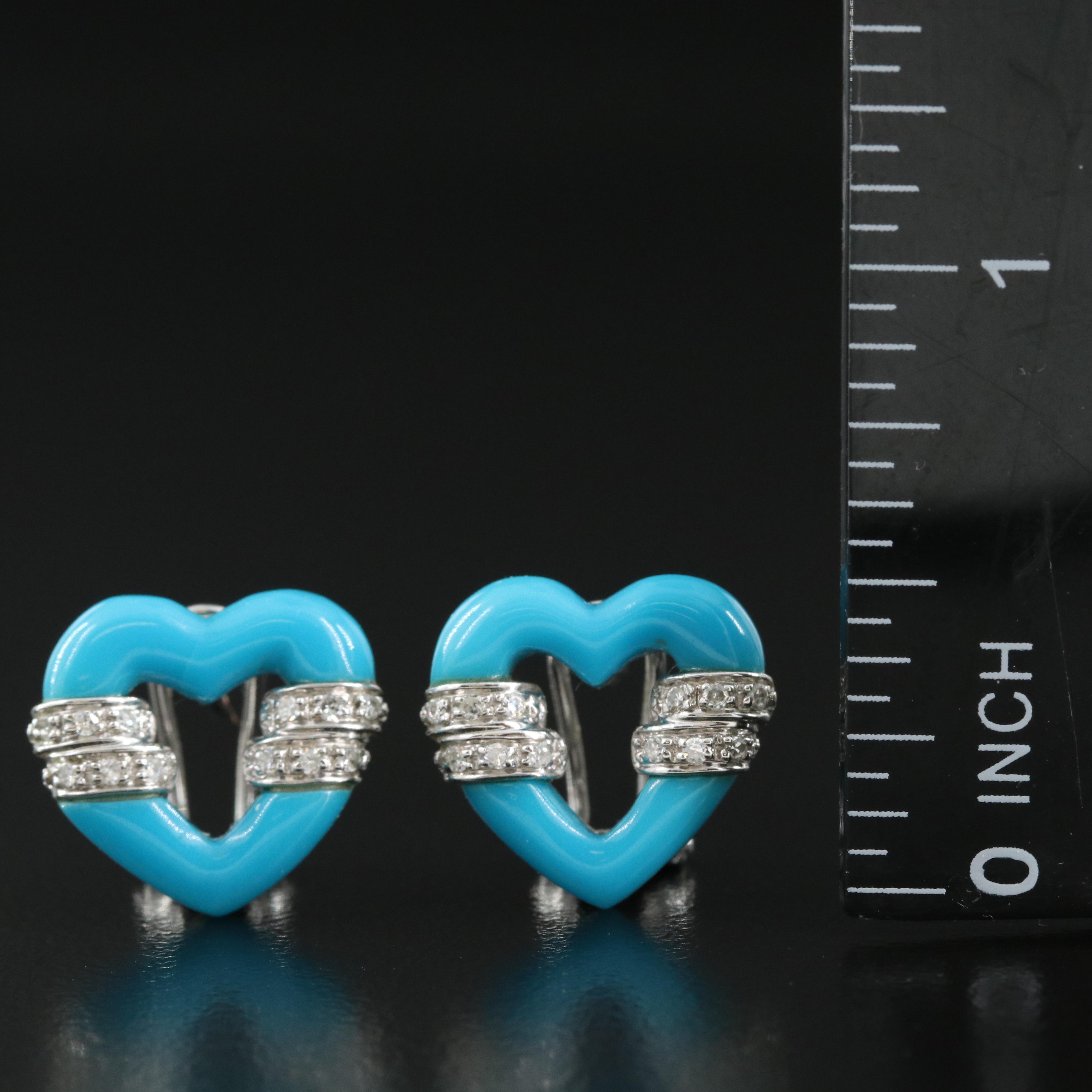 14K Imitation Turquoise and Diamond Heart Earrings