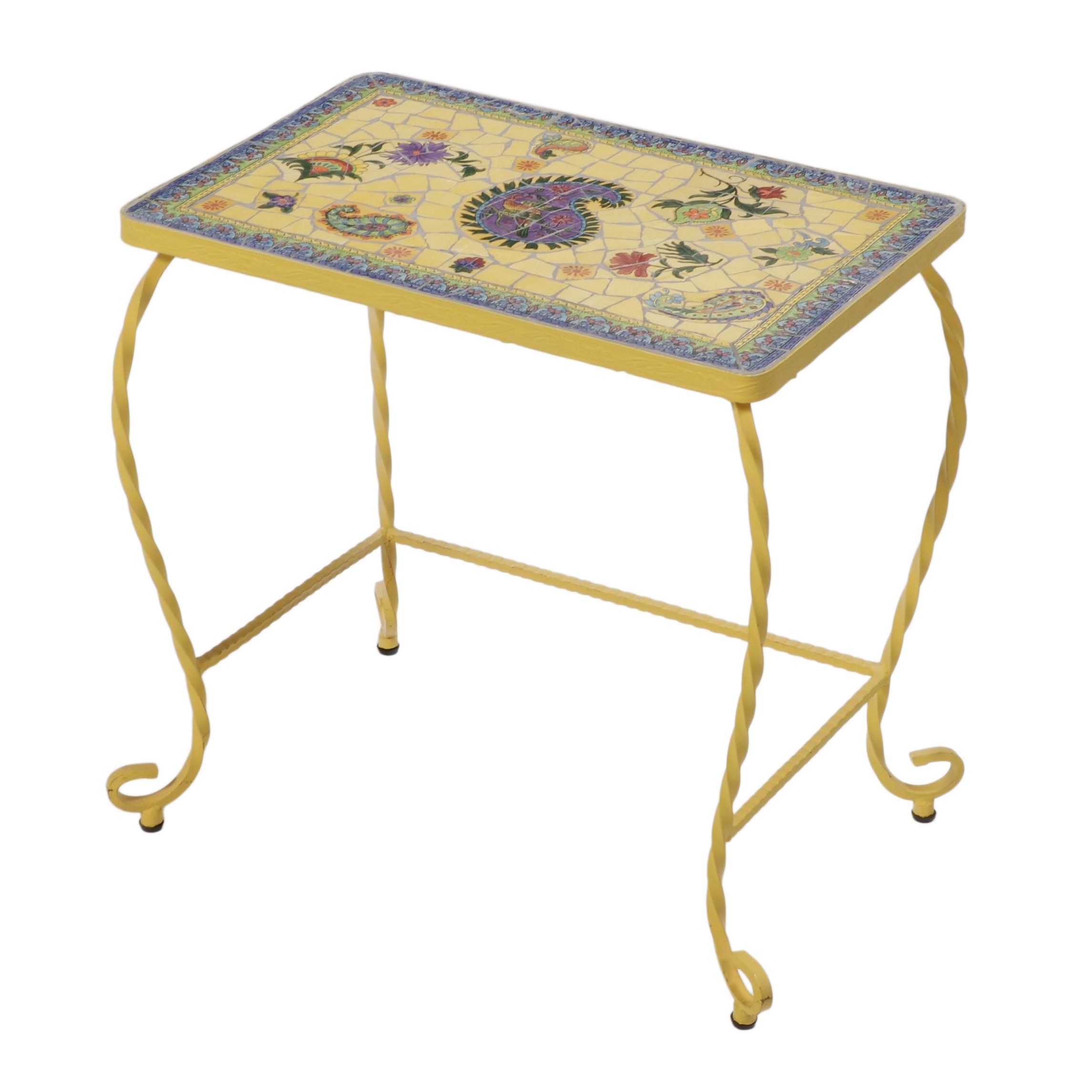 Yellow-Painted Metal Side Table with Mosaic Tile Top