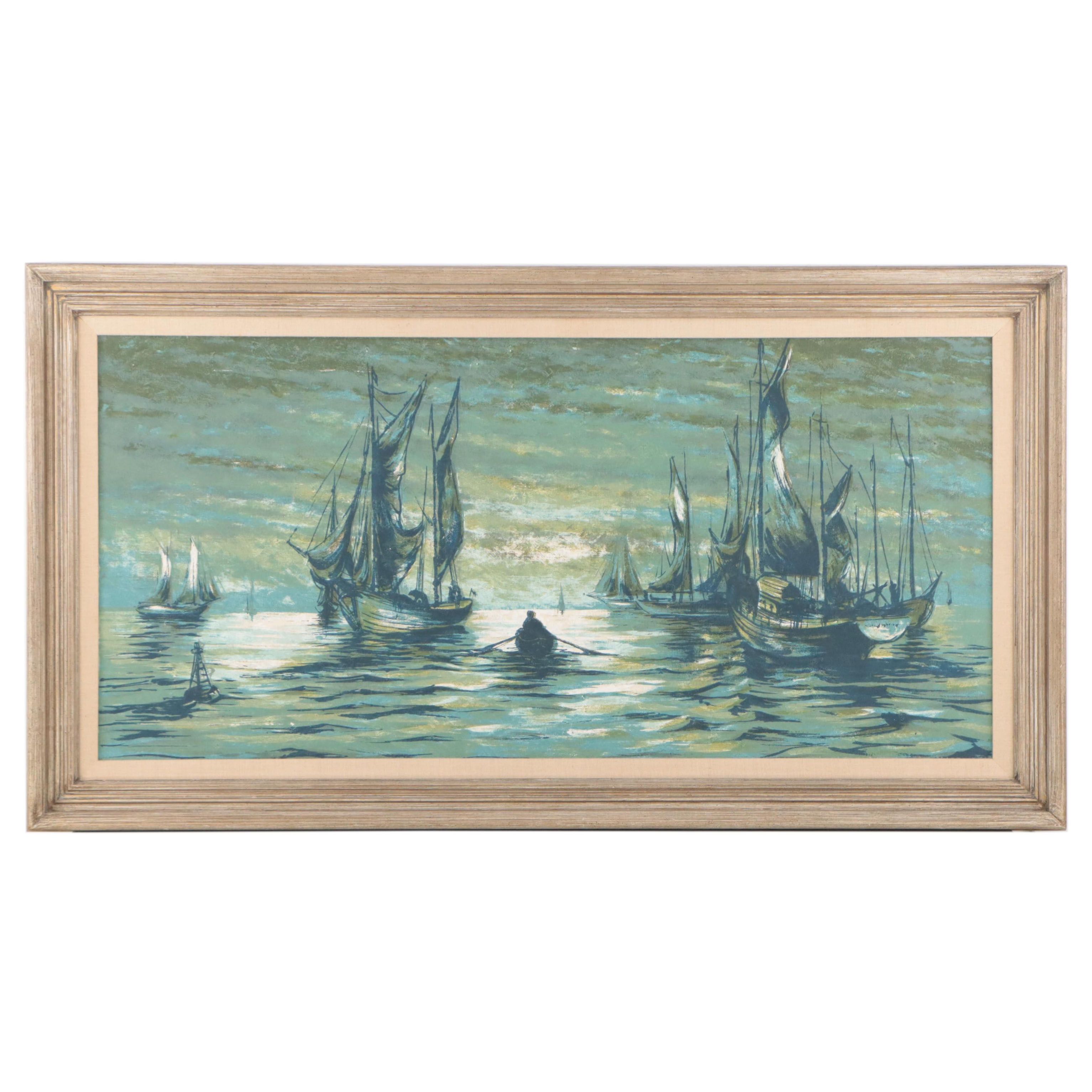 Harbor Scene Serigraph on Canvas, Mid-20th Century