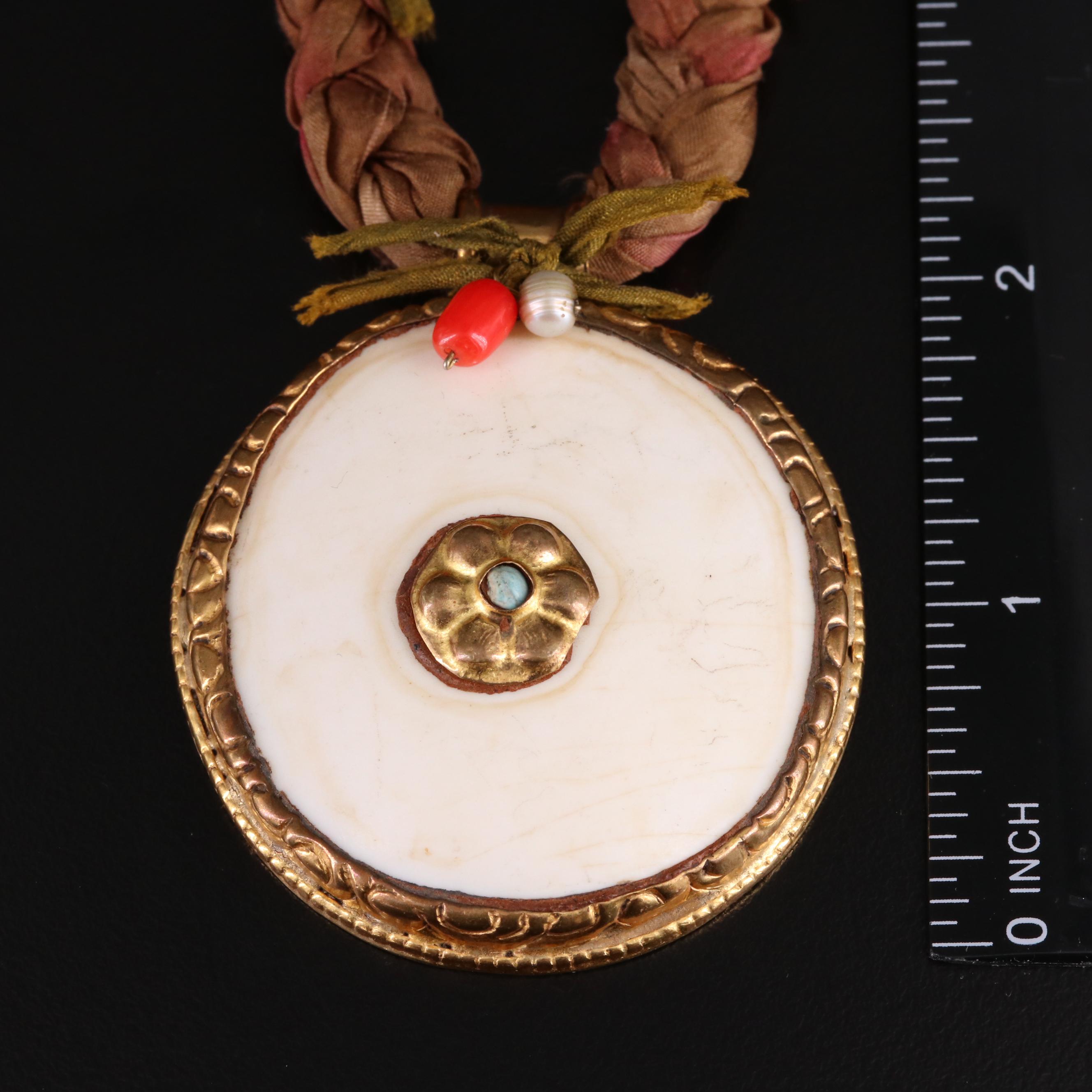 Shell, Coral and Pearl Featured in Necklace with Brass Pendant