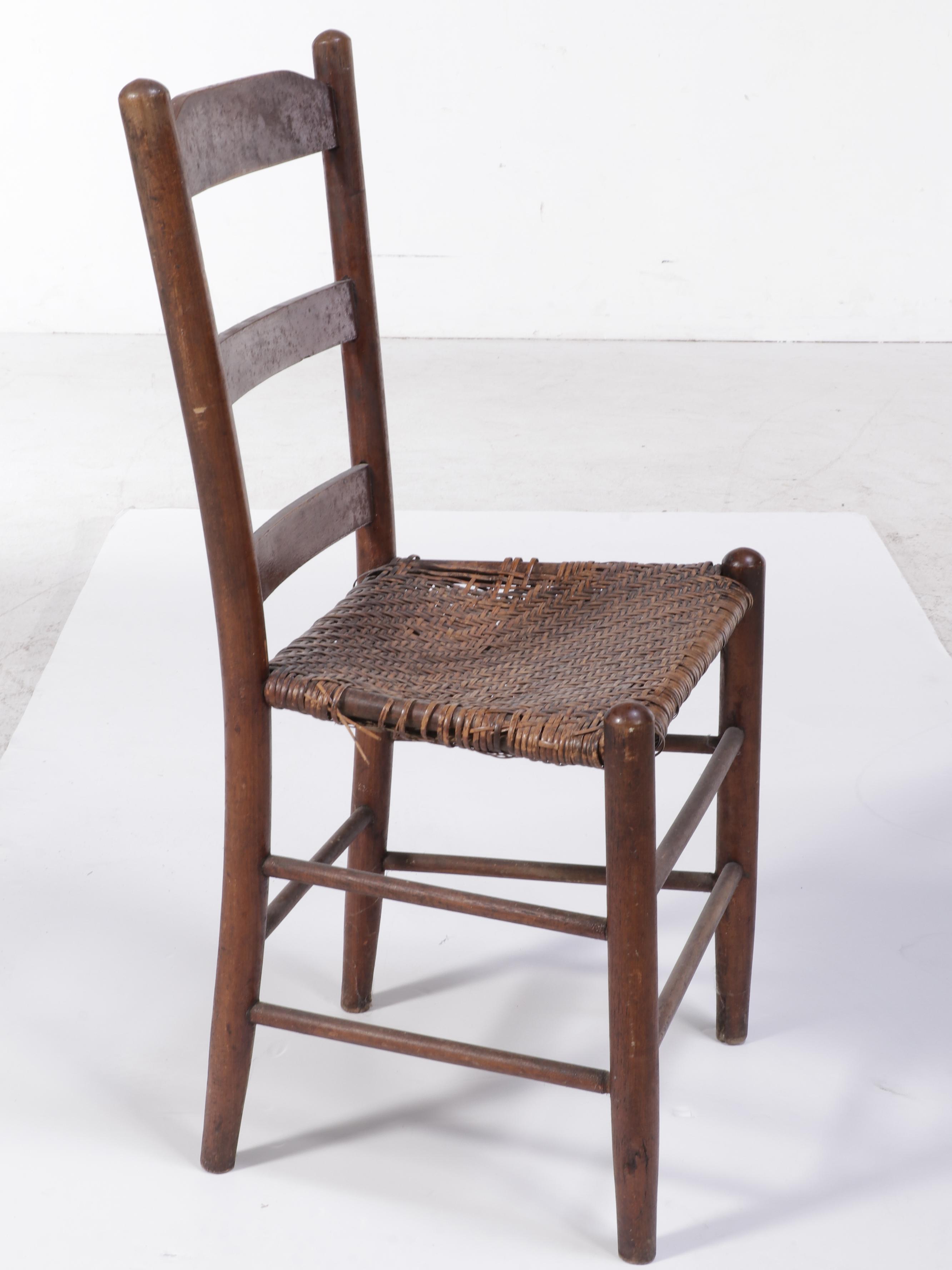 Primitive Wood and Splint-Woven Seat Ladder-Back Chair