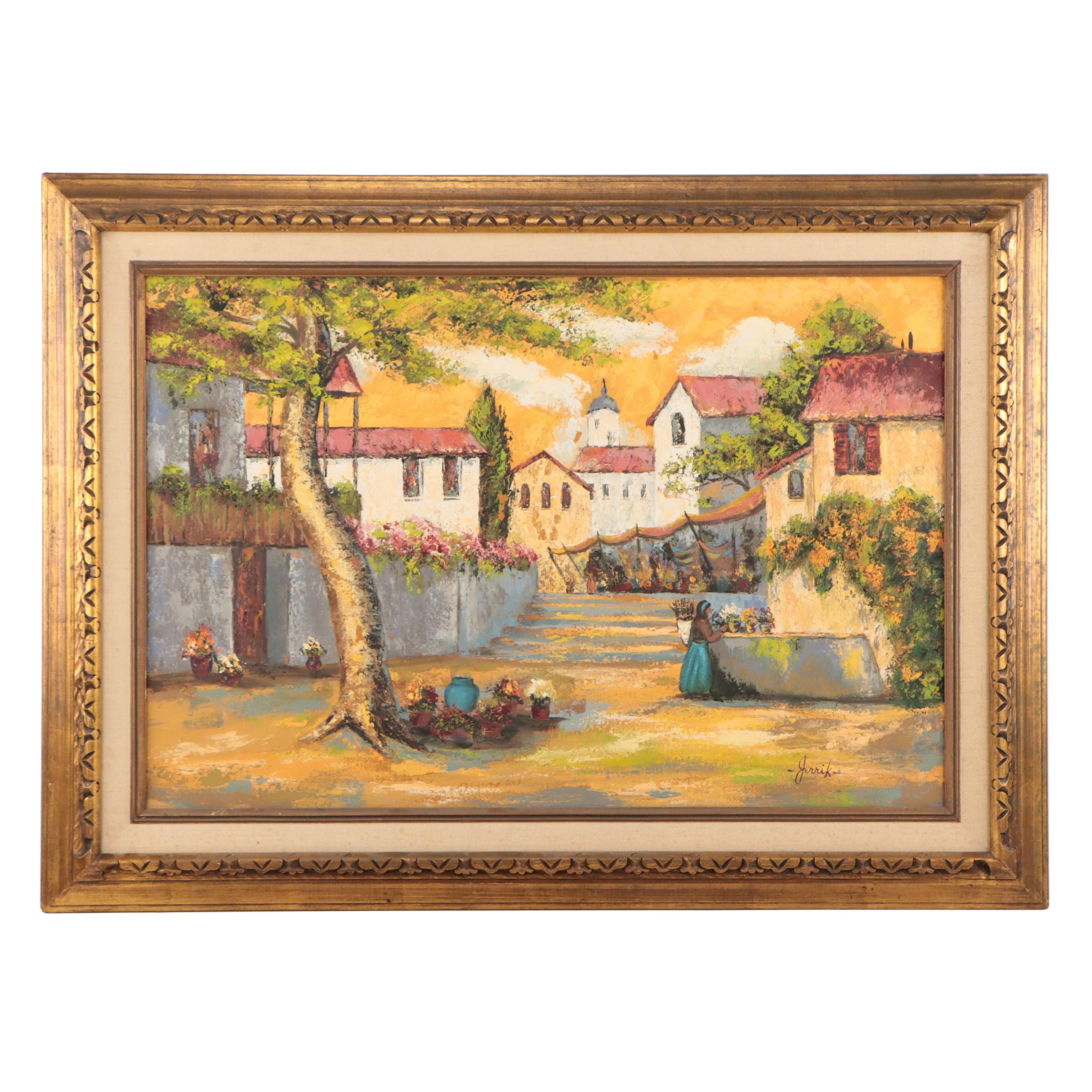 Oil Painting of Figure in Village Scene