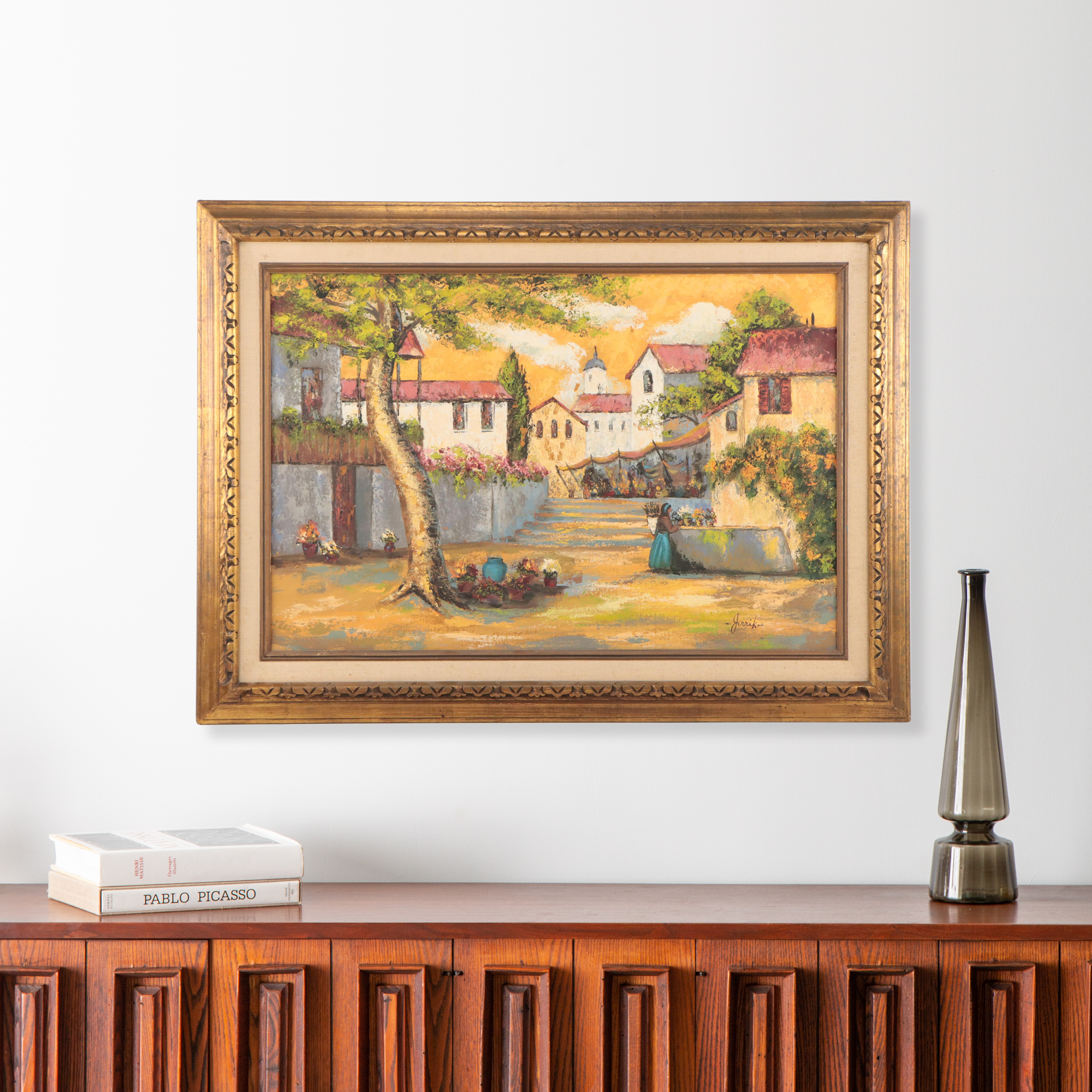 Oil Painting of Figure in Village Scene