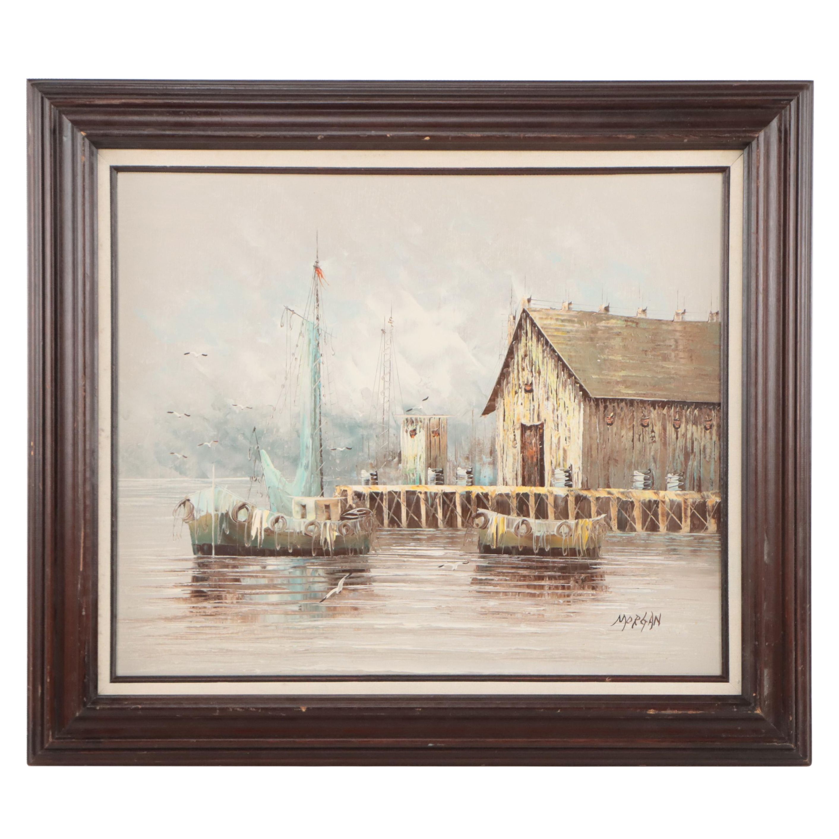 Oil Painting of Boat in Harbor Scene