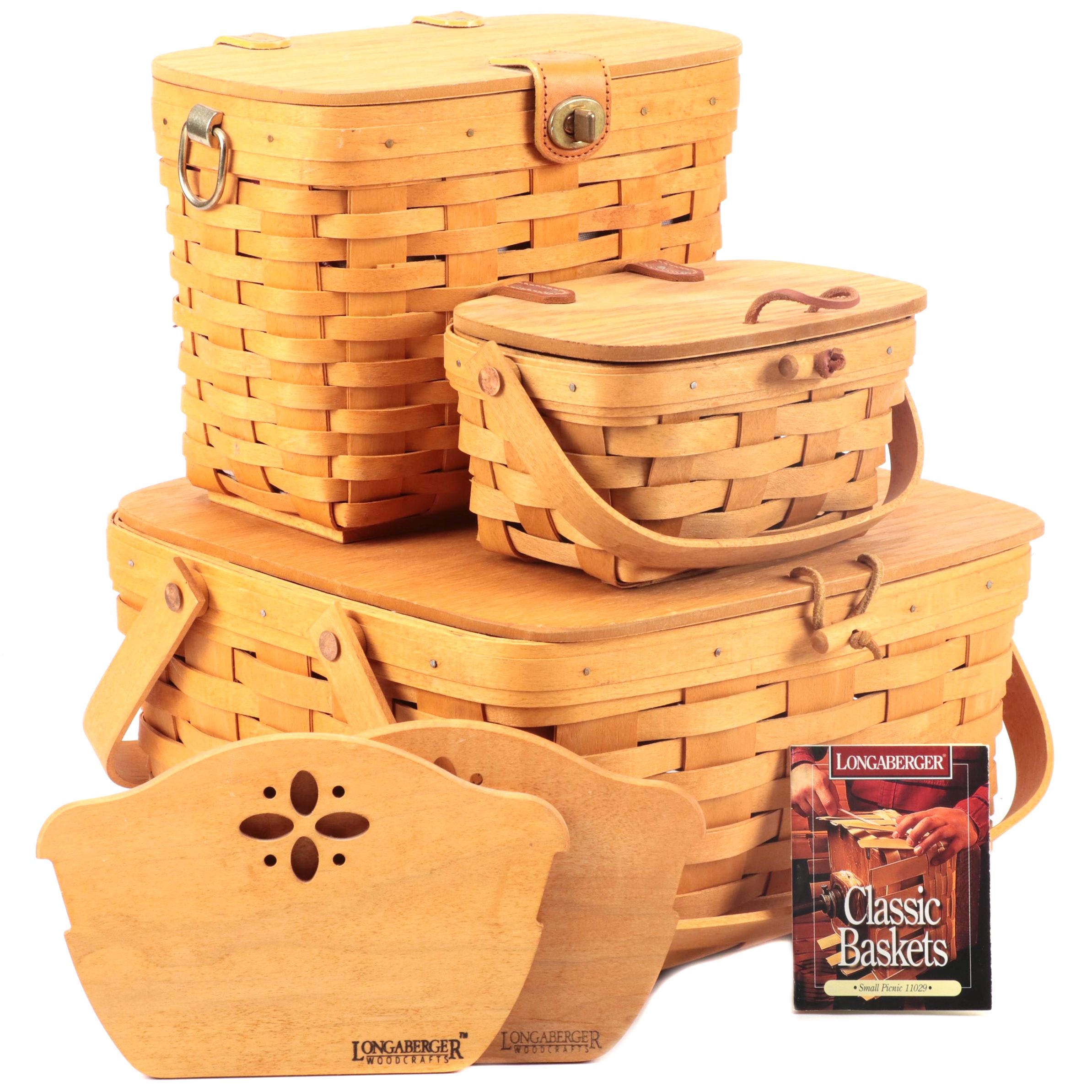 Signed Longaberger Purse Basket with Picnic and Other Baskets, Late 20th Century