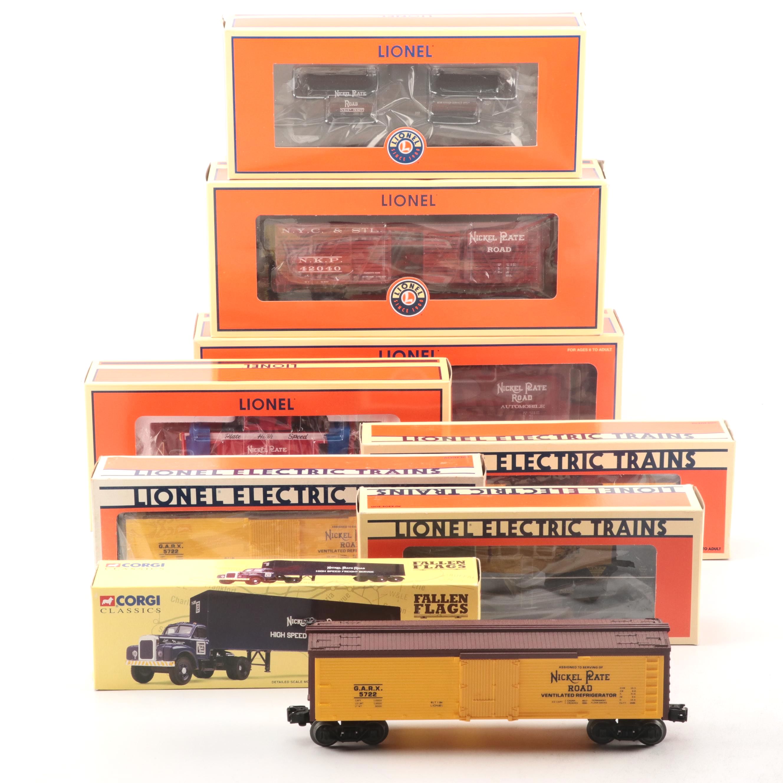 Lionel Nickel Plate Road Boxcars, Reefers, Caboose with Corgi Model Truck