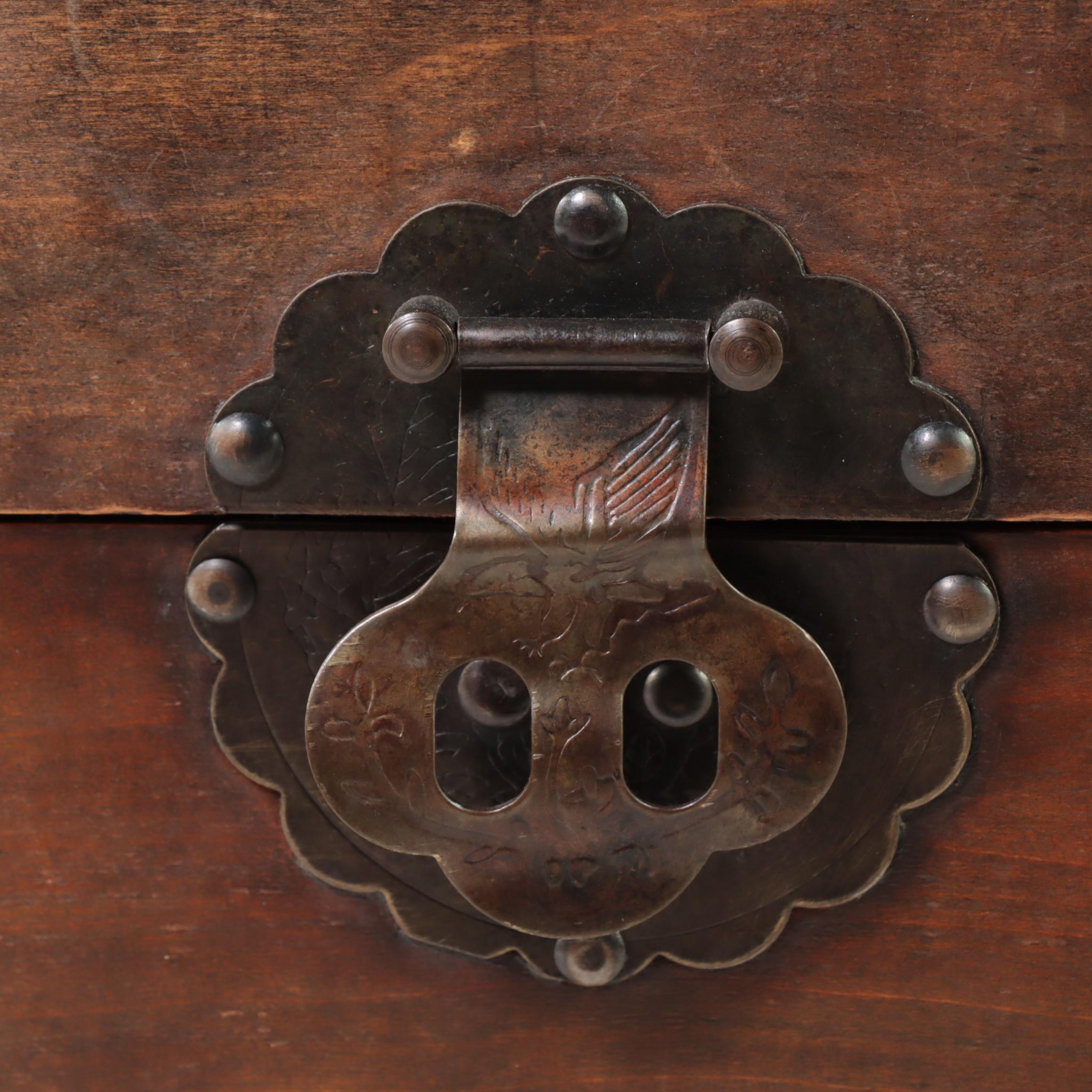 Chinese Style Metal-Mounted and Laminated Wood Lift-Lid Chest