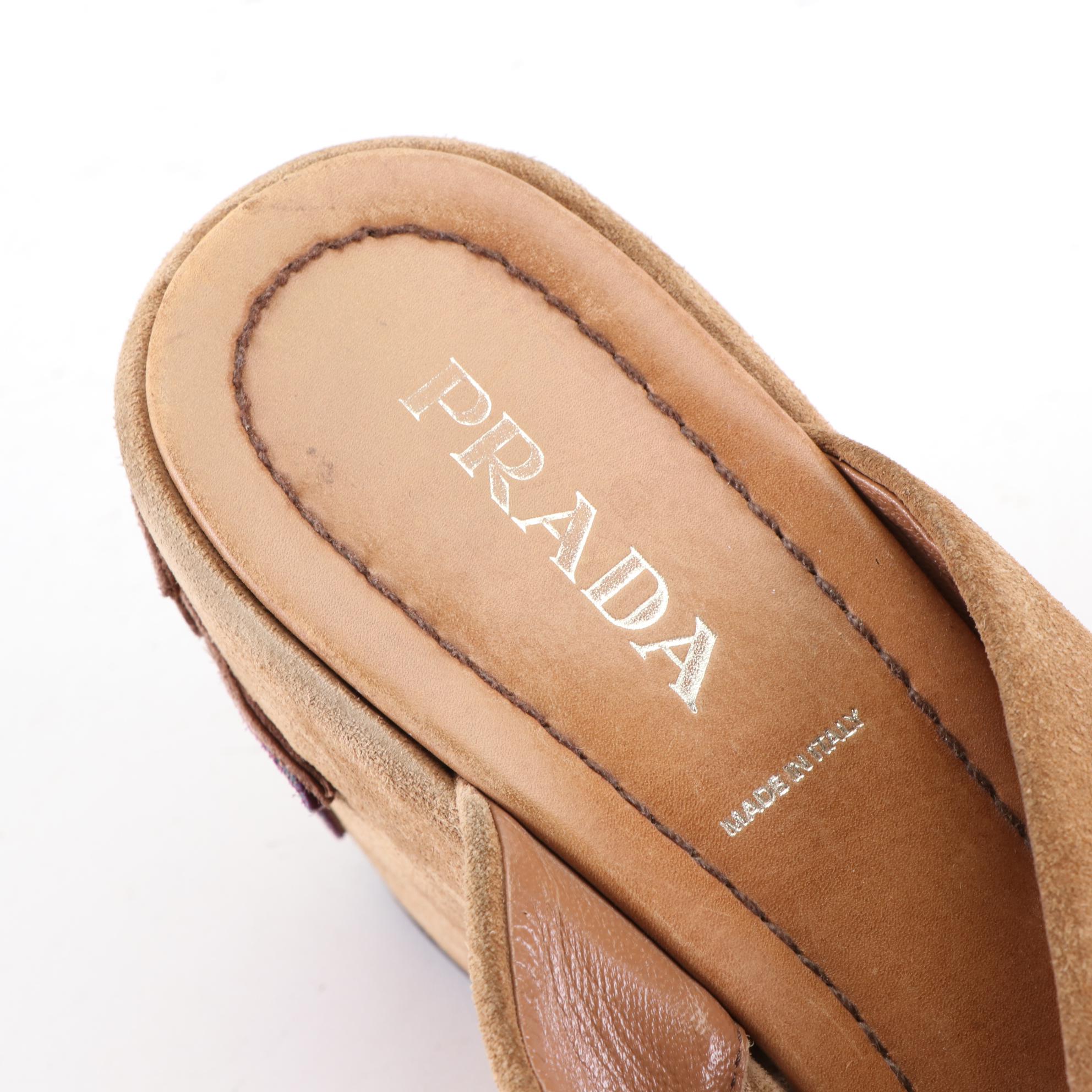 Prada Crossover Wedge Sandals in Tan Suede with Fish Appliqués