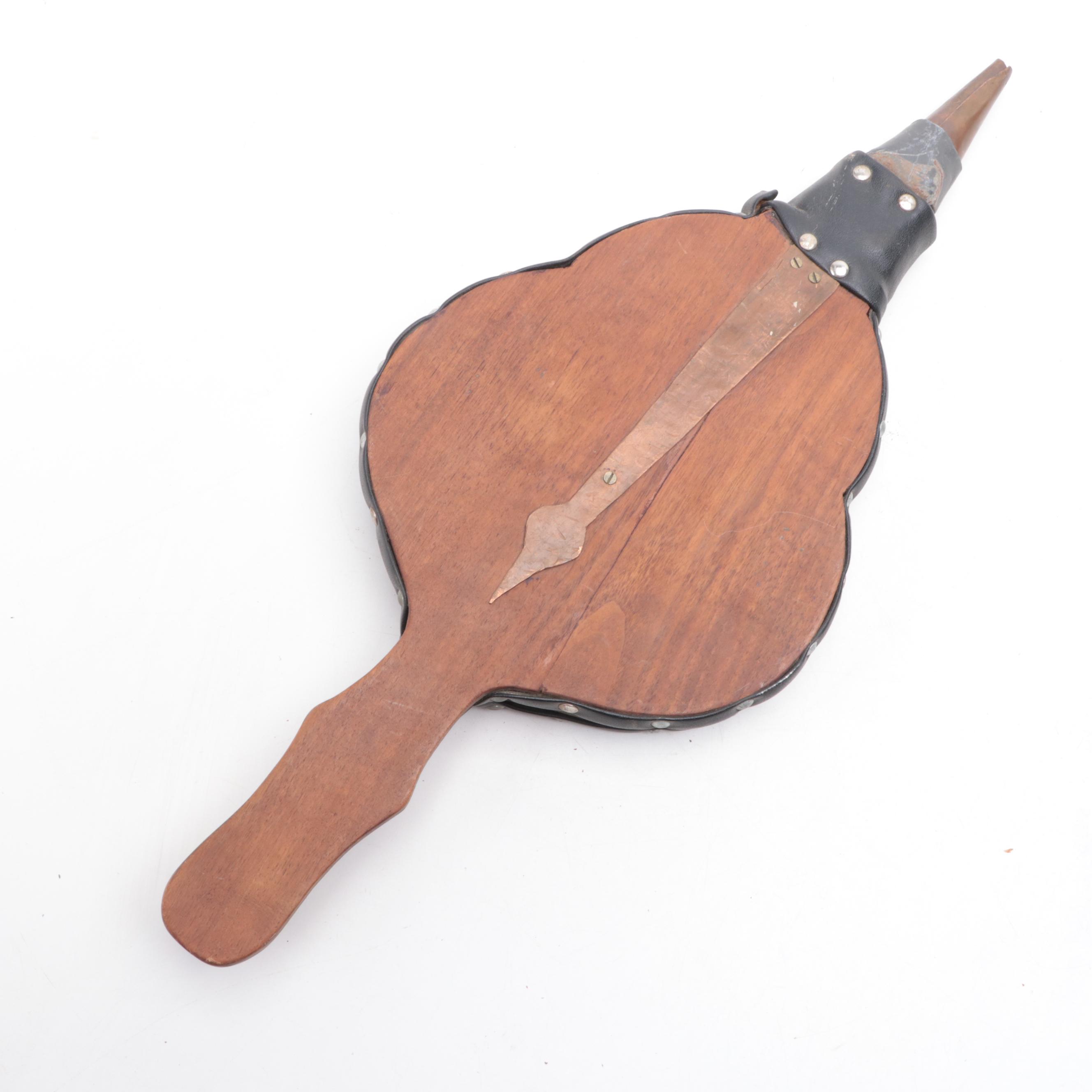 Cast Iron Fireplace Andirons, Bellows and Ammunition Crate