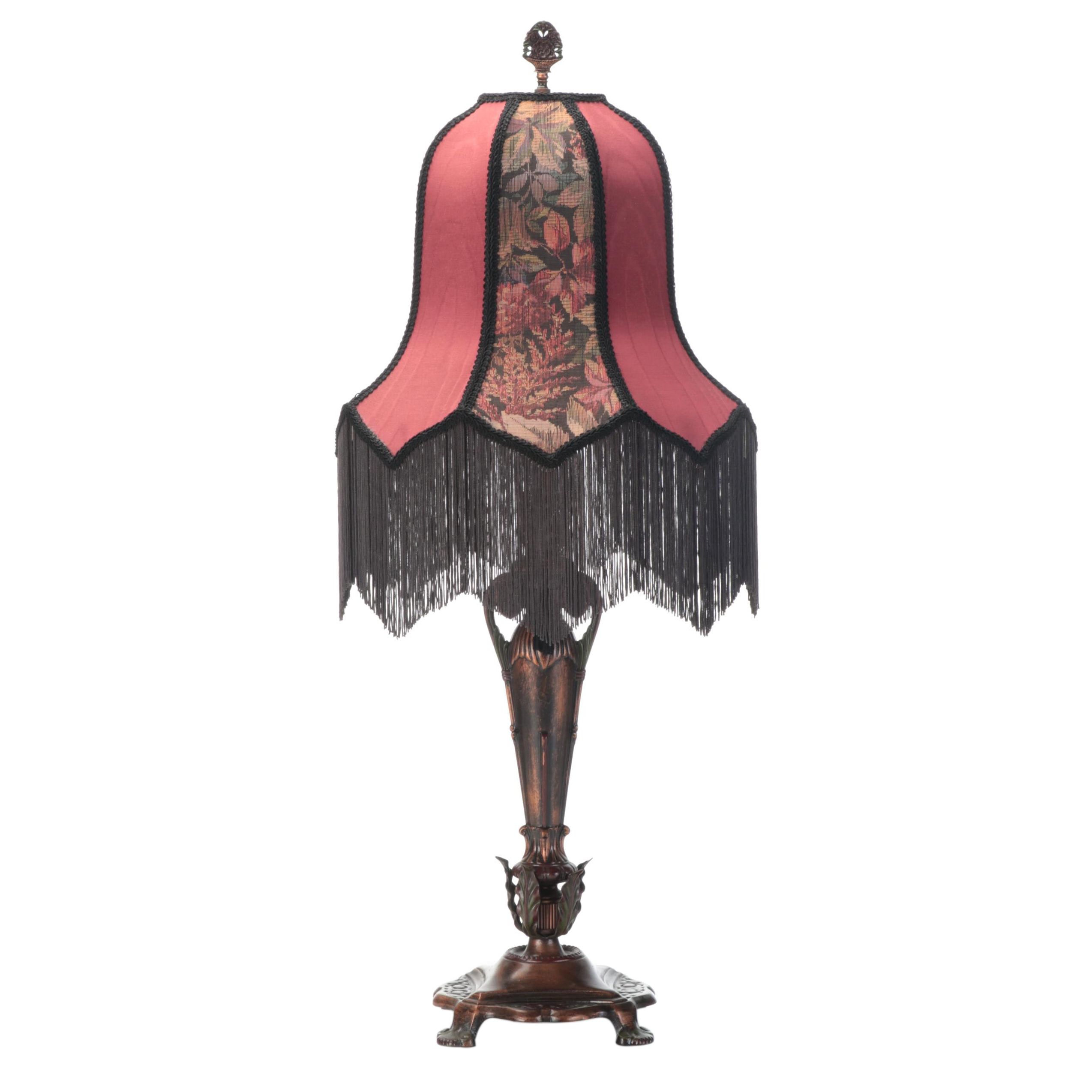 Victorian Style Cast Metal Table Lamp With Fringed Shade