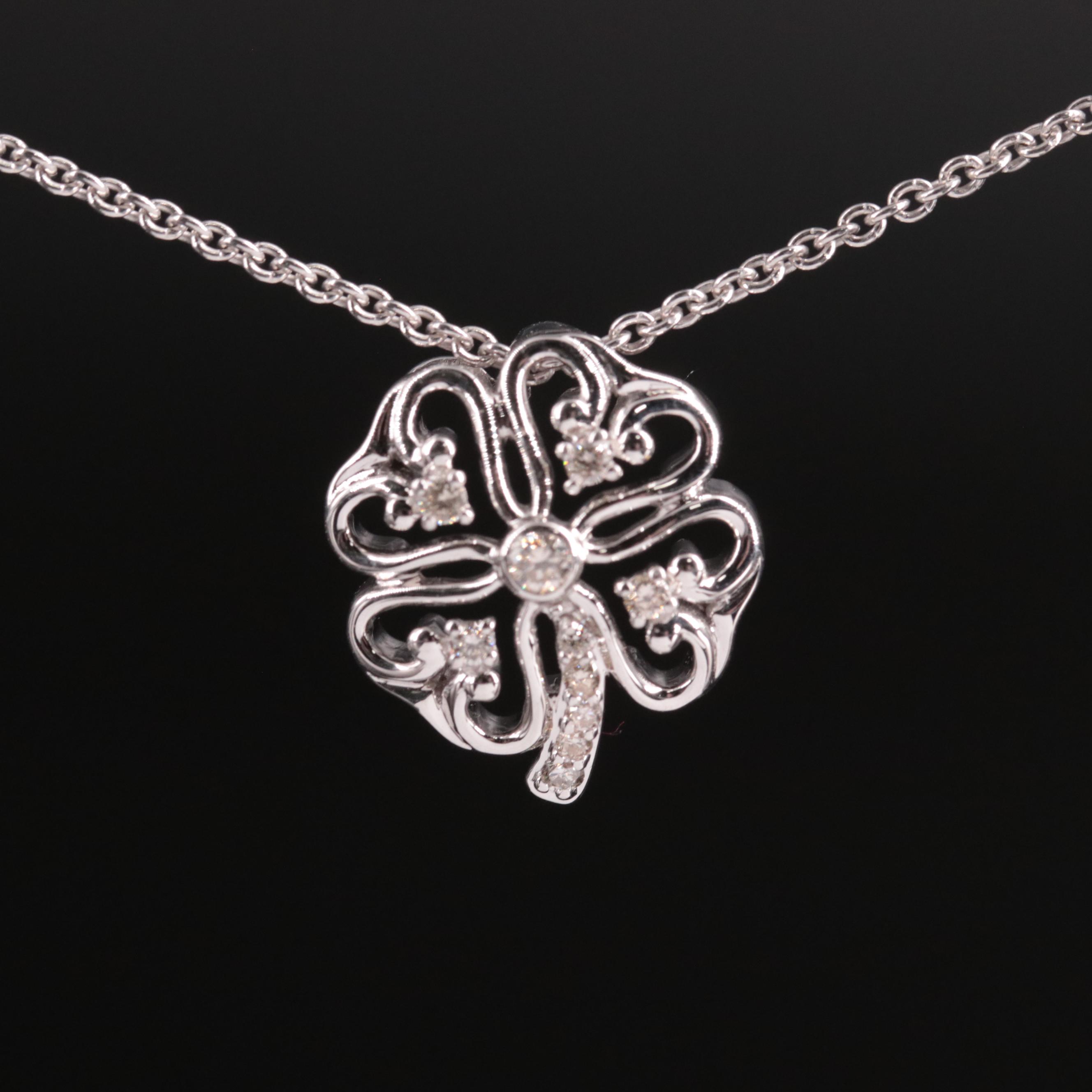 Sterling Diamond Four Leaf Clover Pendant Necklace