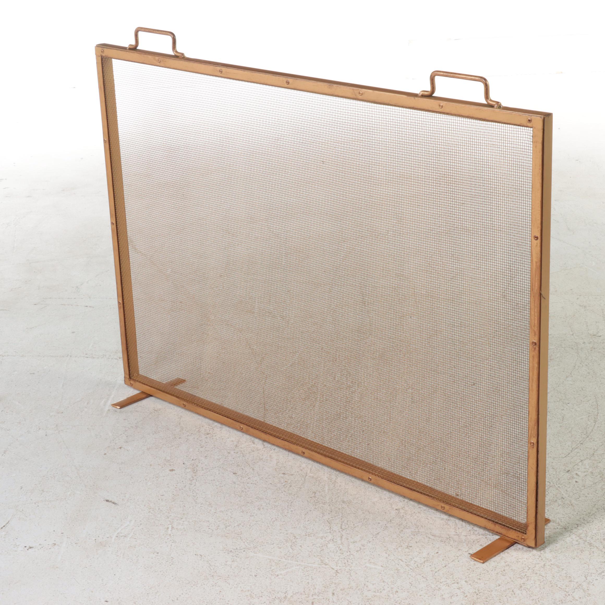 Contemporary Gold Tone Metal Framed Mesh Fireplace Screen