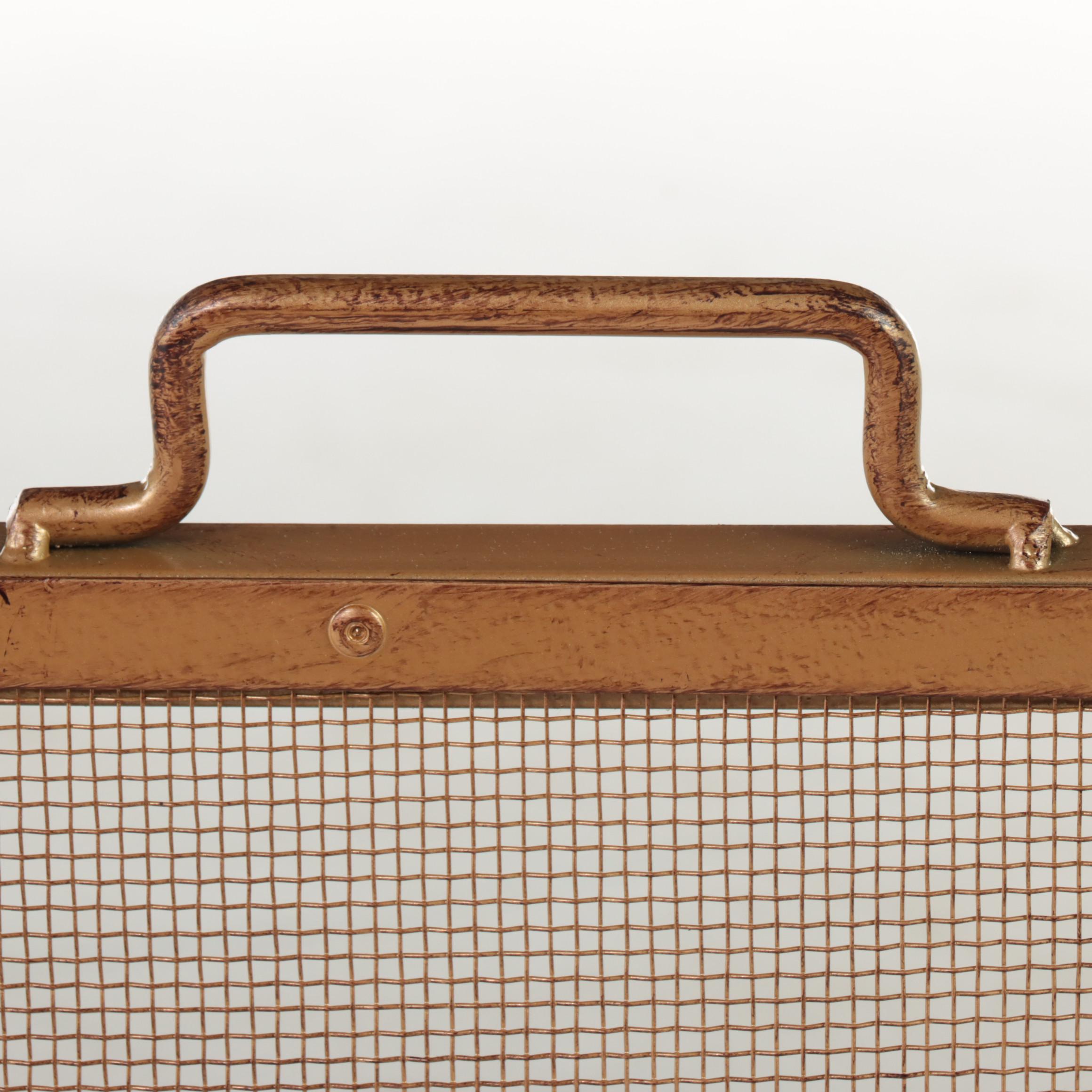 Contemporary Gold Tone Metal Framed Mesh Fireplace Screen