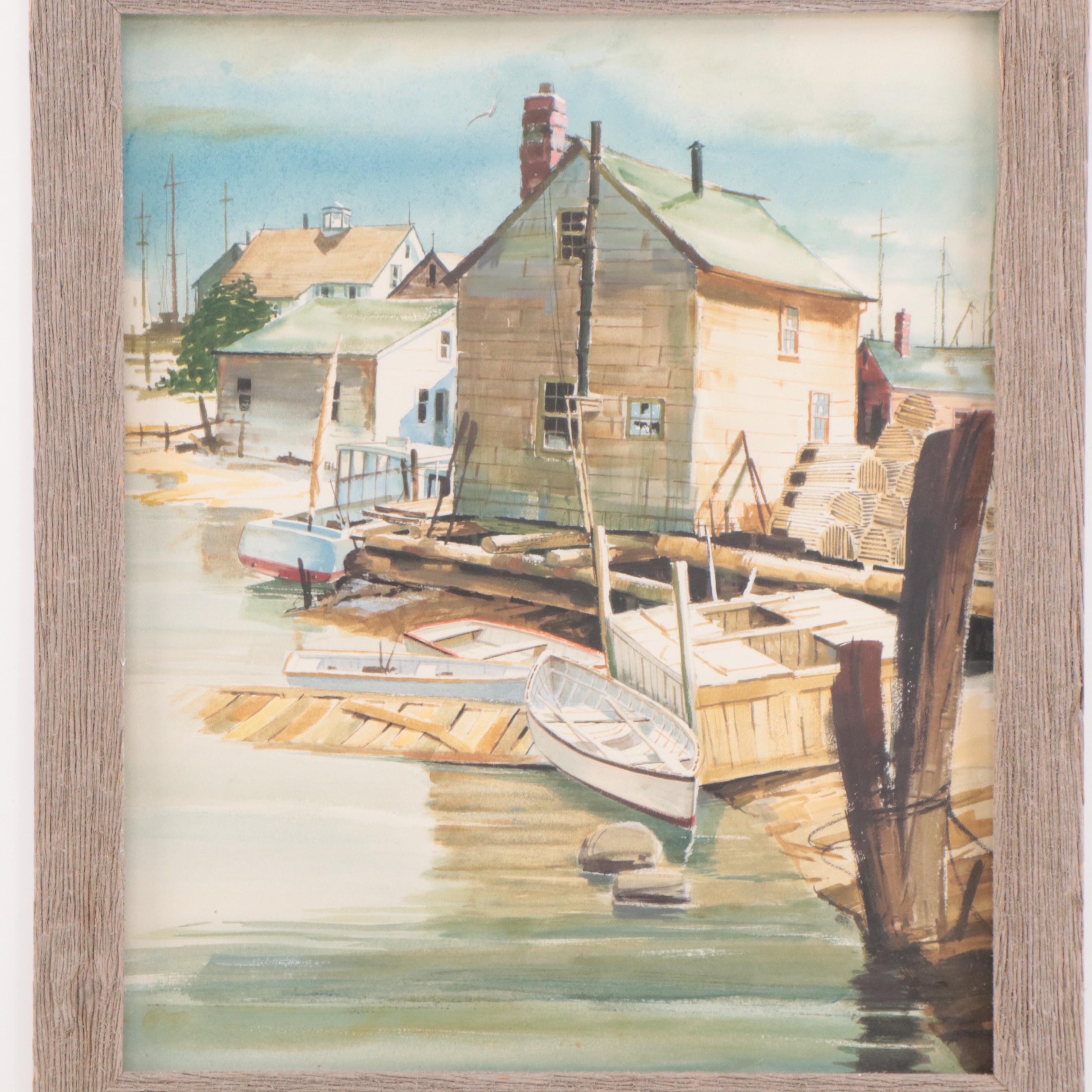 Harbor Scene Watercolor Painting, 20th Century