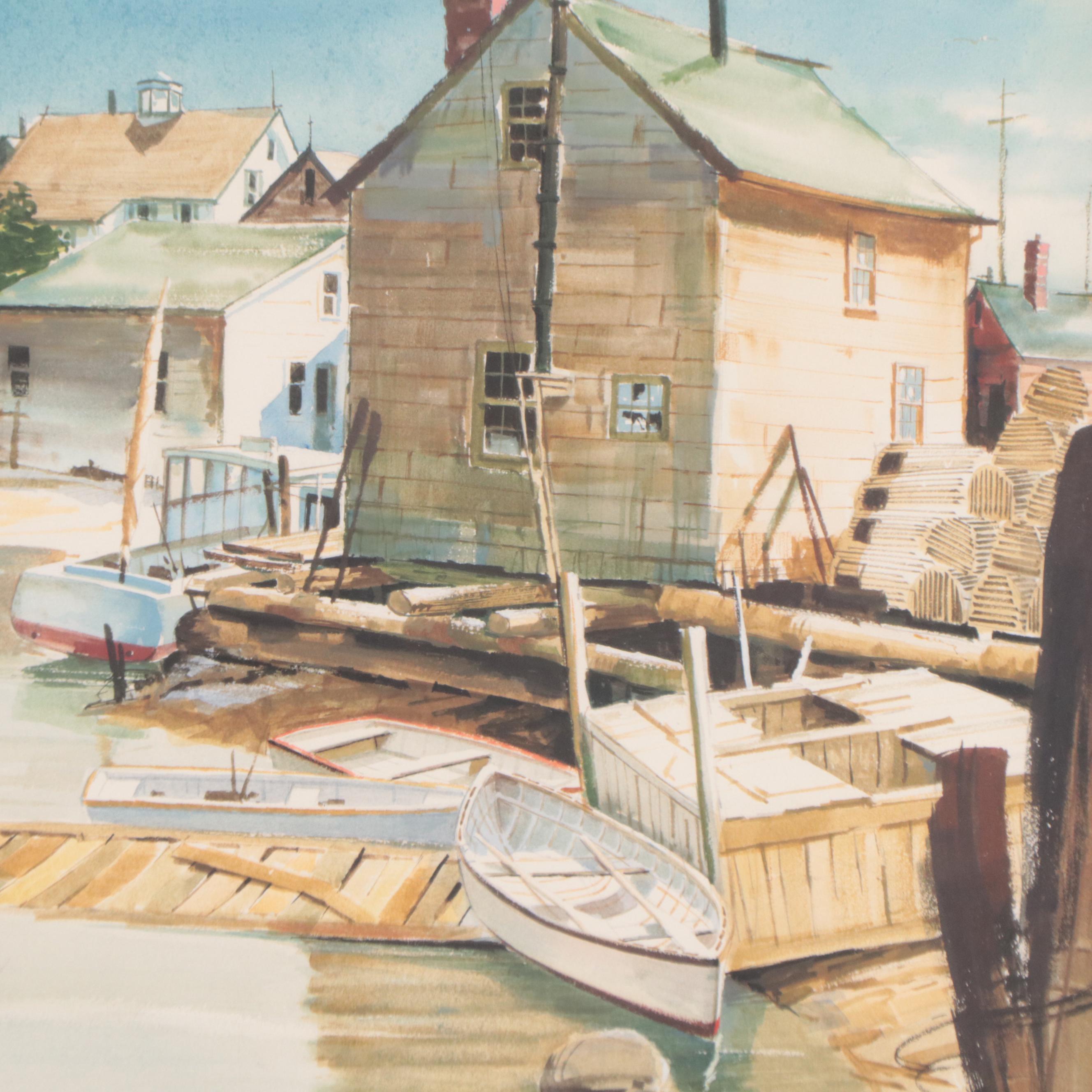 Harbor Scene Watercolor Painting, 20th Century