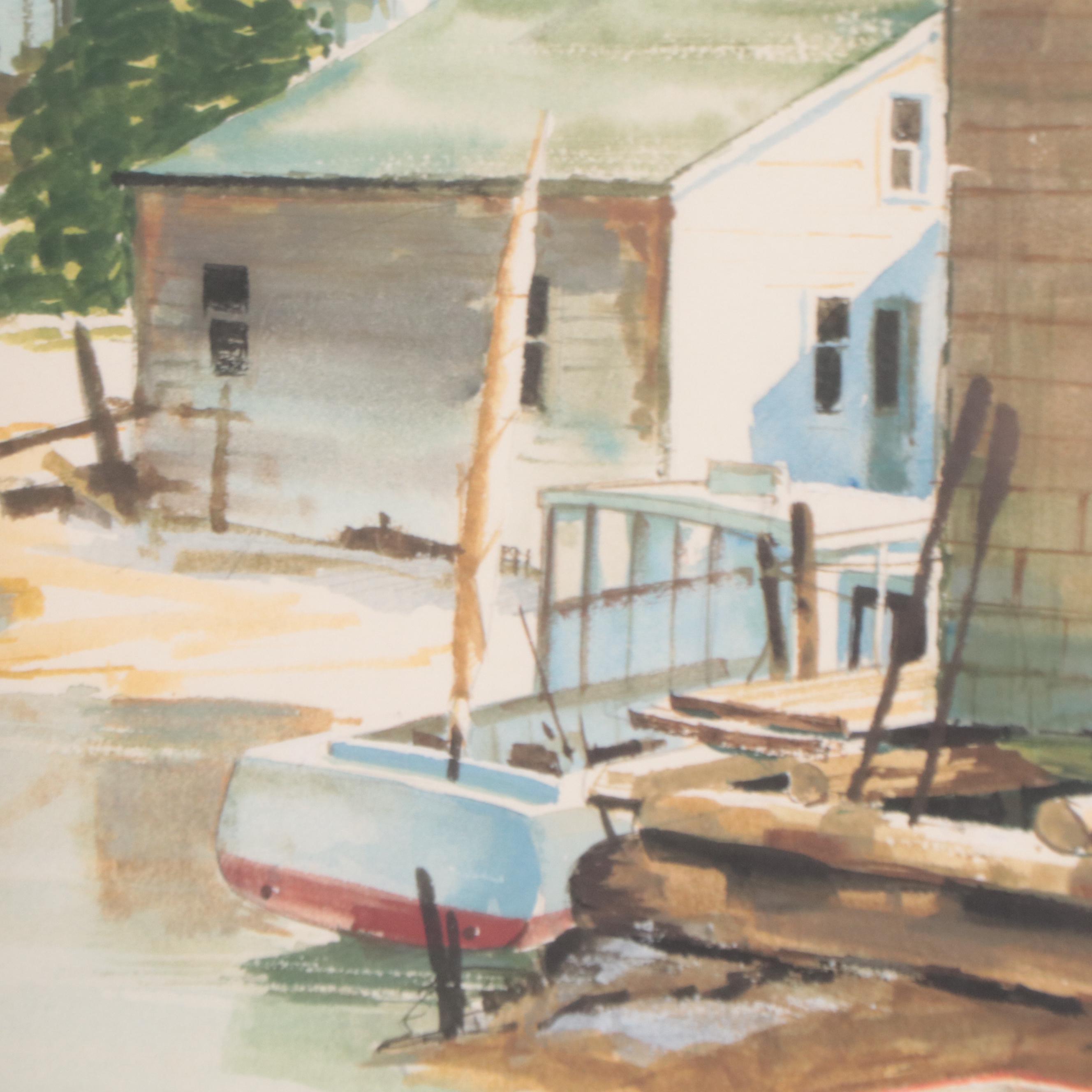 Harbor Scene Watercolor Painting, 20th Century