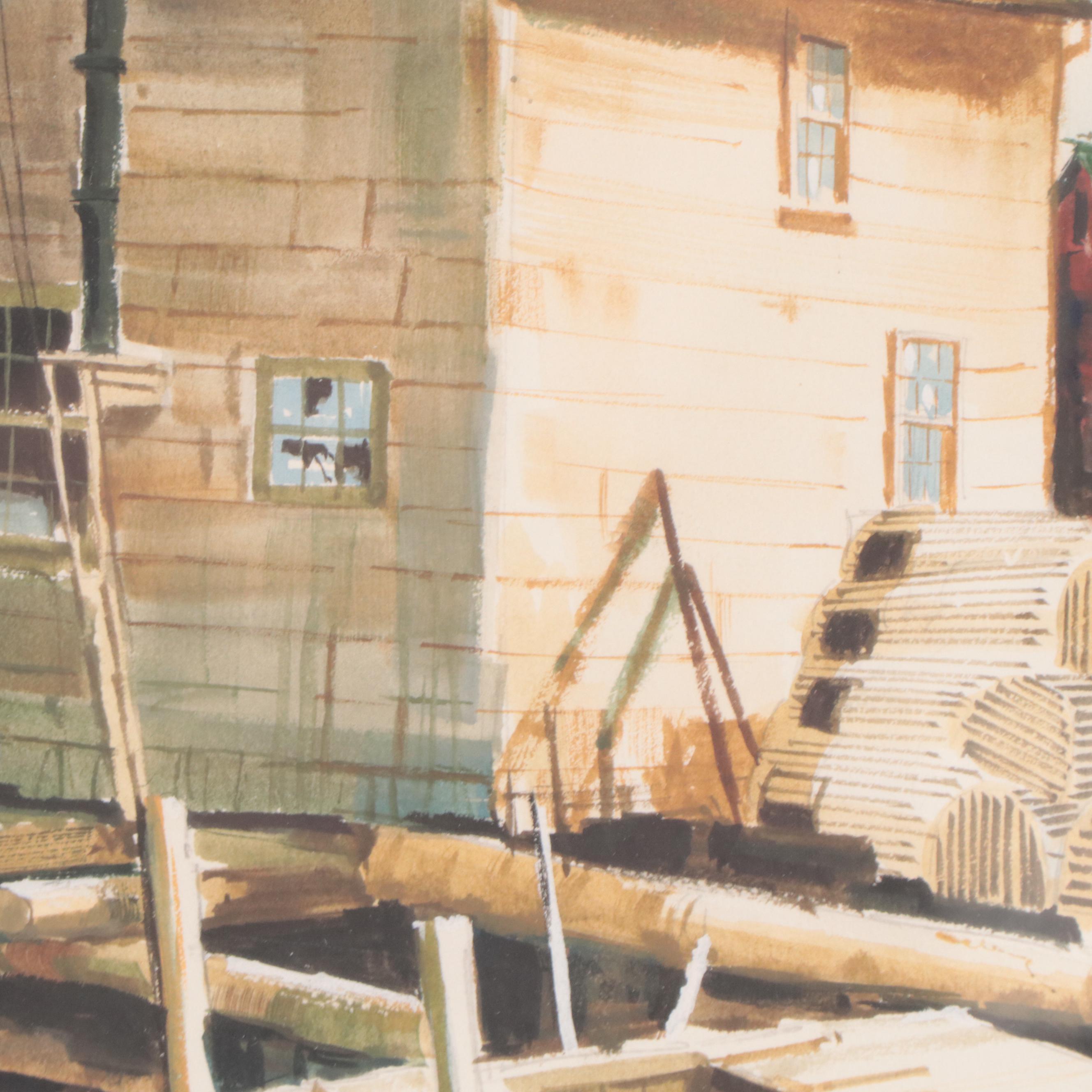 Harbor Scene Watercolor Painting, 20th Century